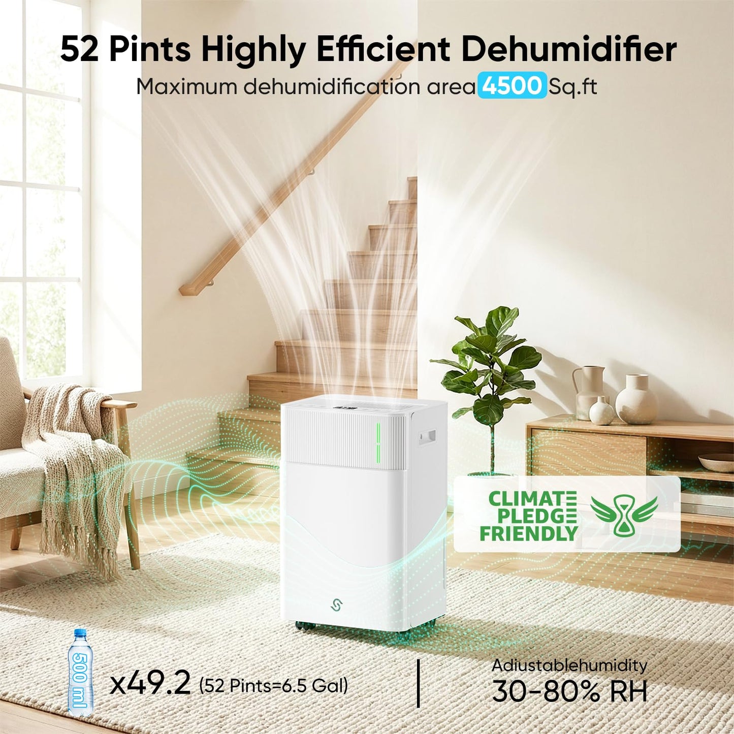 HUMLABS 52 Pints Dehumidifier for Home, 4500 Sq. Ft Dehumidifier for Basement with Drain Hose, 3 Modes, Ultra Quiet, Auto Defrost and 24HR Timer, for Bedroom, Garage, RV and Large Room
