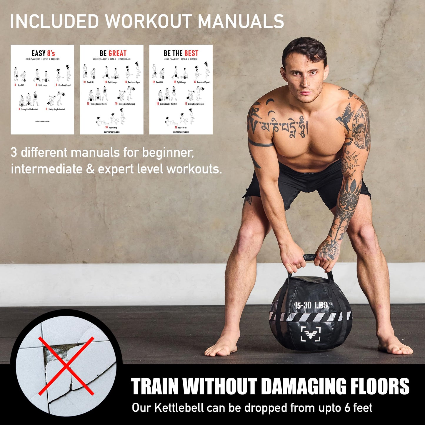 Elite Sports Kettlebell Sandbag - Heavy Duty Sand Weights Bag for Cross Training, Strength Training, Workout, Functional Fitness, Adjustable Weight, Durable Training Equipment for Home & Gym (Black, 10-20 LBS)