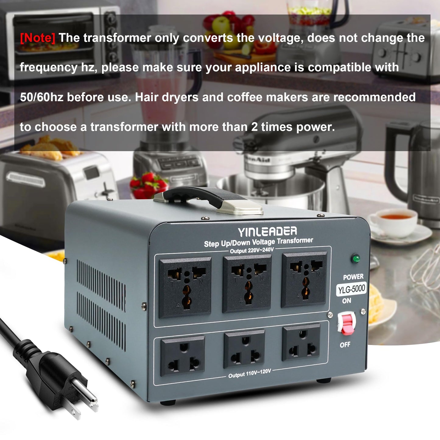 Yinleader 5000 Step Up/Down Transformer Converter 110/120 Volt - 220/240 Volt w/US Power Cord,Circuit Breaker Protection (Grey)