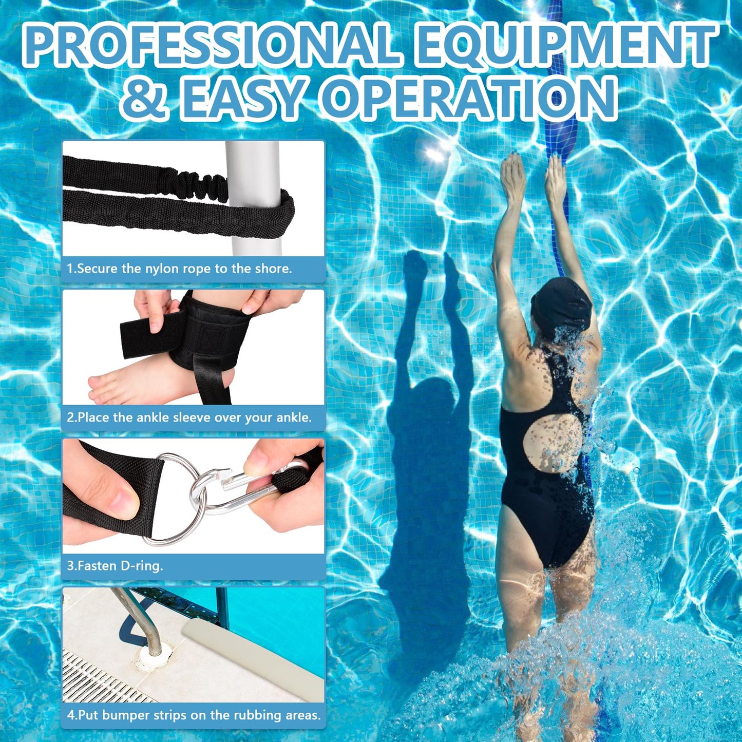Hikeen Swim Ankle Straps 4M Swimming Tether with Metal Buckle & Bumper Strips Stationary in Place Training Leash Aquatic Resistance