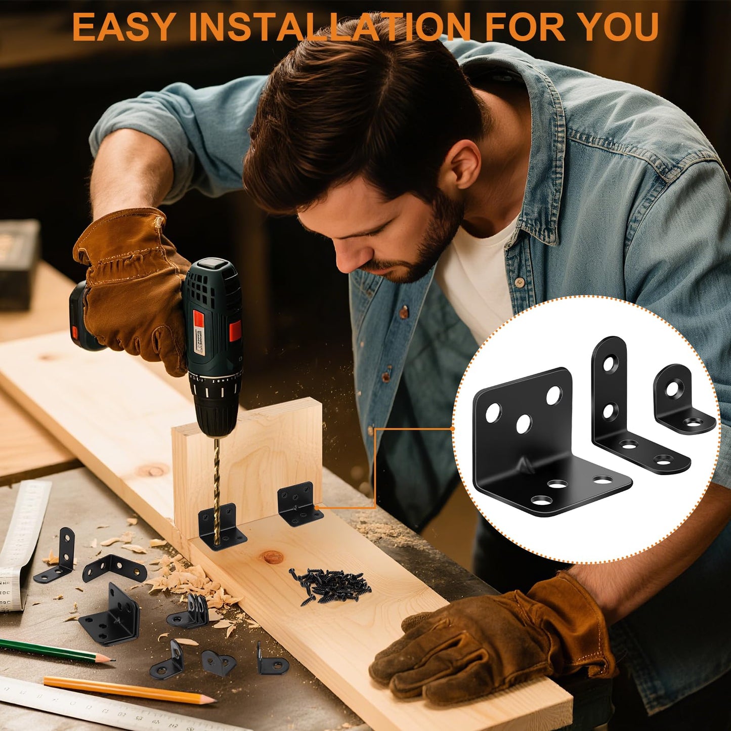 26 Pack L Bracket Corner Brace Kit, 3 Sizes Stainless Steel L Brackets for Wood Shelves, 90 Degree Right Angle Bracket, Black Metal Corner Brackets for Furniture Cabinet Drawer Chair (with 88 Screws)