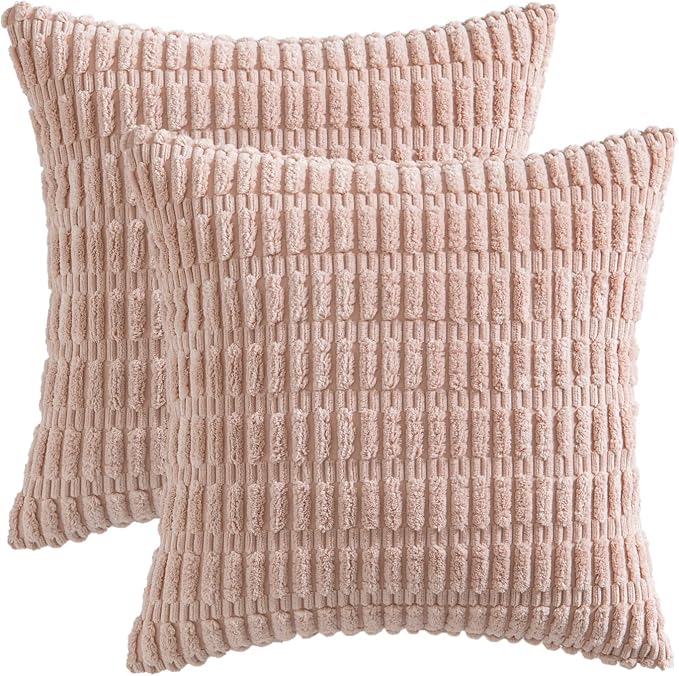 MIULEE Pack of 2 Corduroy Decorative Throw Pillow Covers 18x18 Inch Soft Boho Striped Pillow Covers Modern Farmhouse Home Decor for Sofa Living Room Couch Bed Pink Spring Valentine Decor