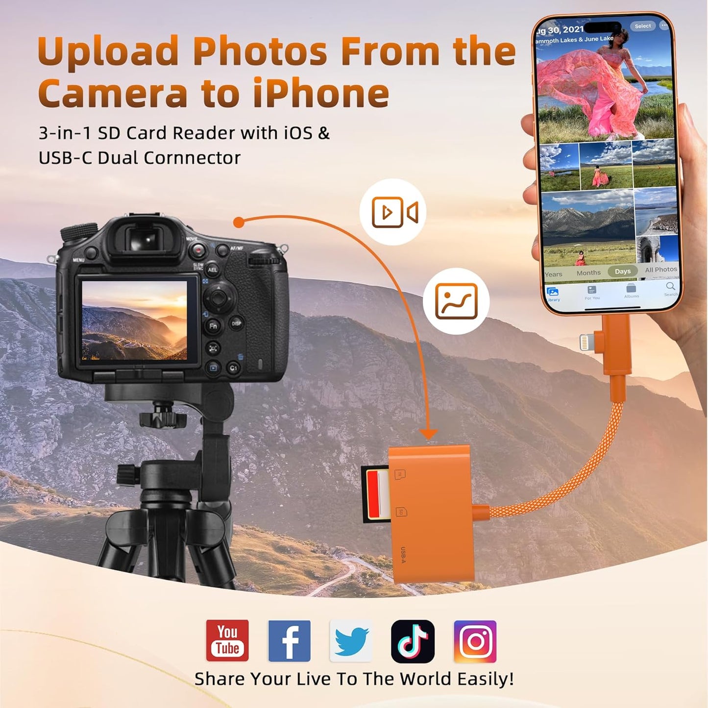 Bawanfa Plus 2.0 SD Card Reader for iPhone, Dual Connector (USB-C & Lightning) Memory Card Reader with USB Port