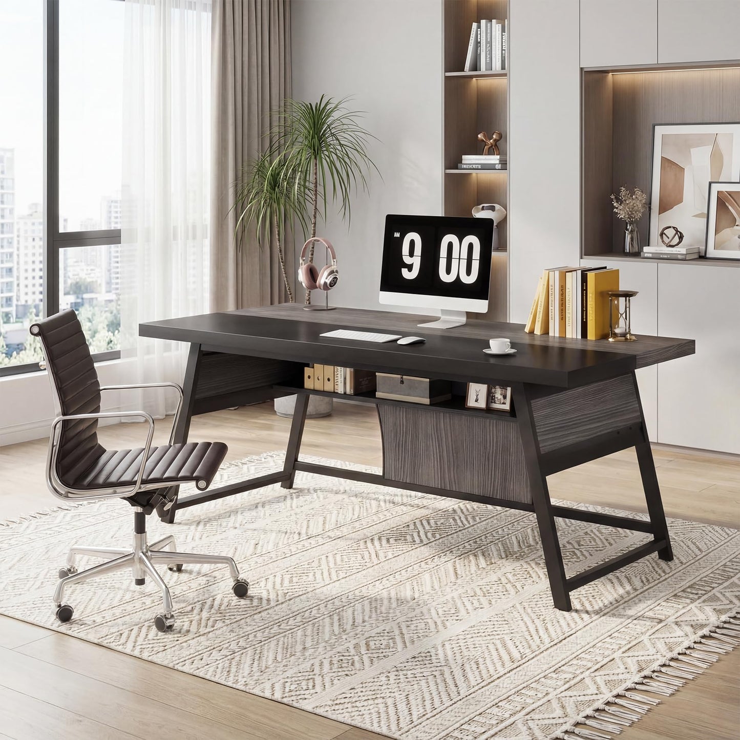 Condemo 63-inch Executive Desk with Storage Shelf, Large Home Office Desk with Metal Frame & LED Light, Long Computer Desks for Home Office, Gray and Black
