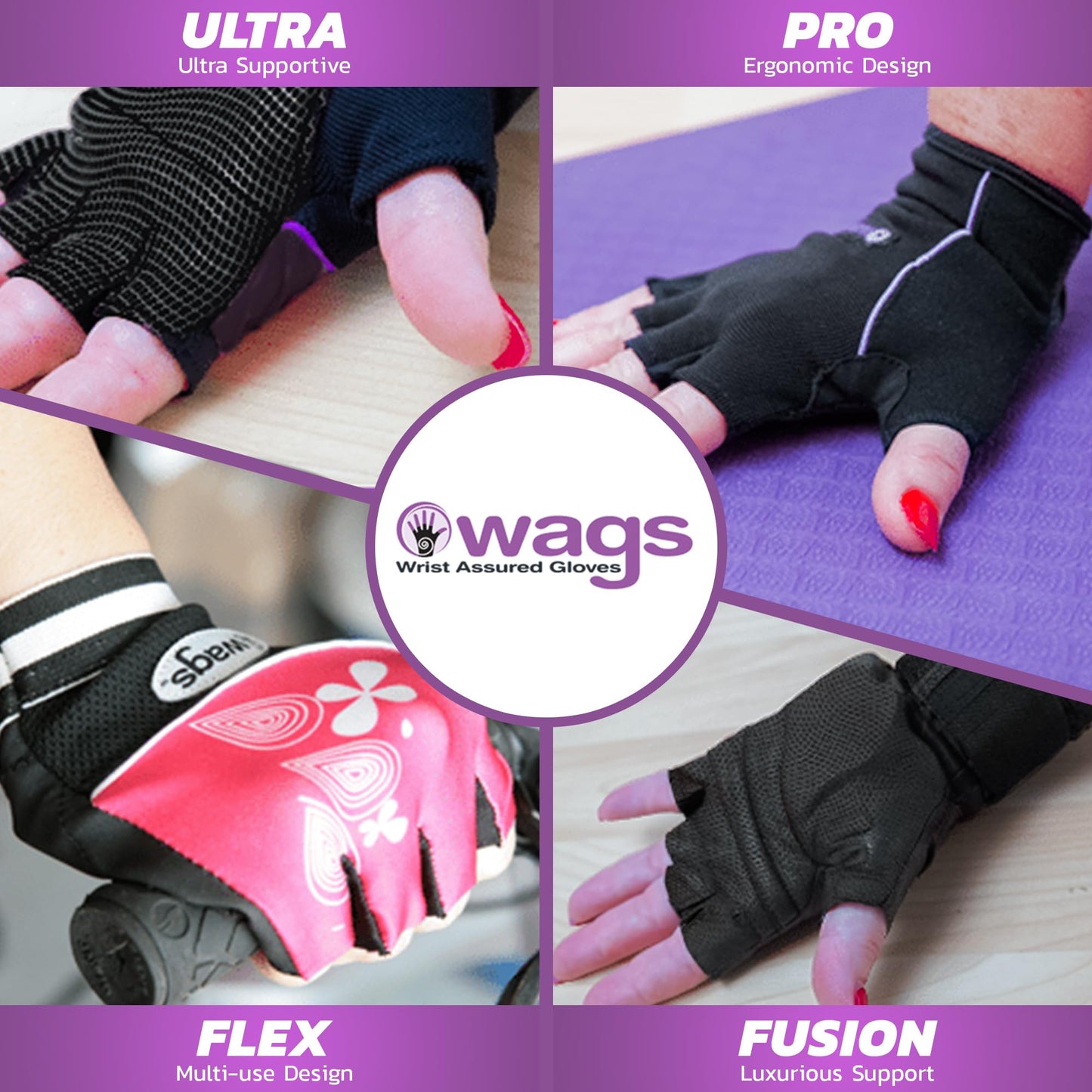 WAGs Ultra Wrist Assured Gloves - Workout Support for Women and Men With Patented Ergonomic Gel Pad and Wrap, Large, Black
