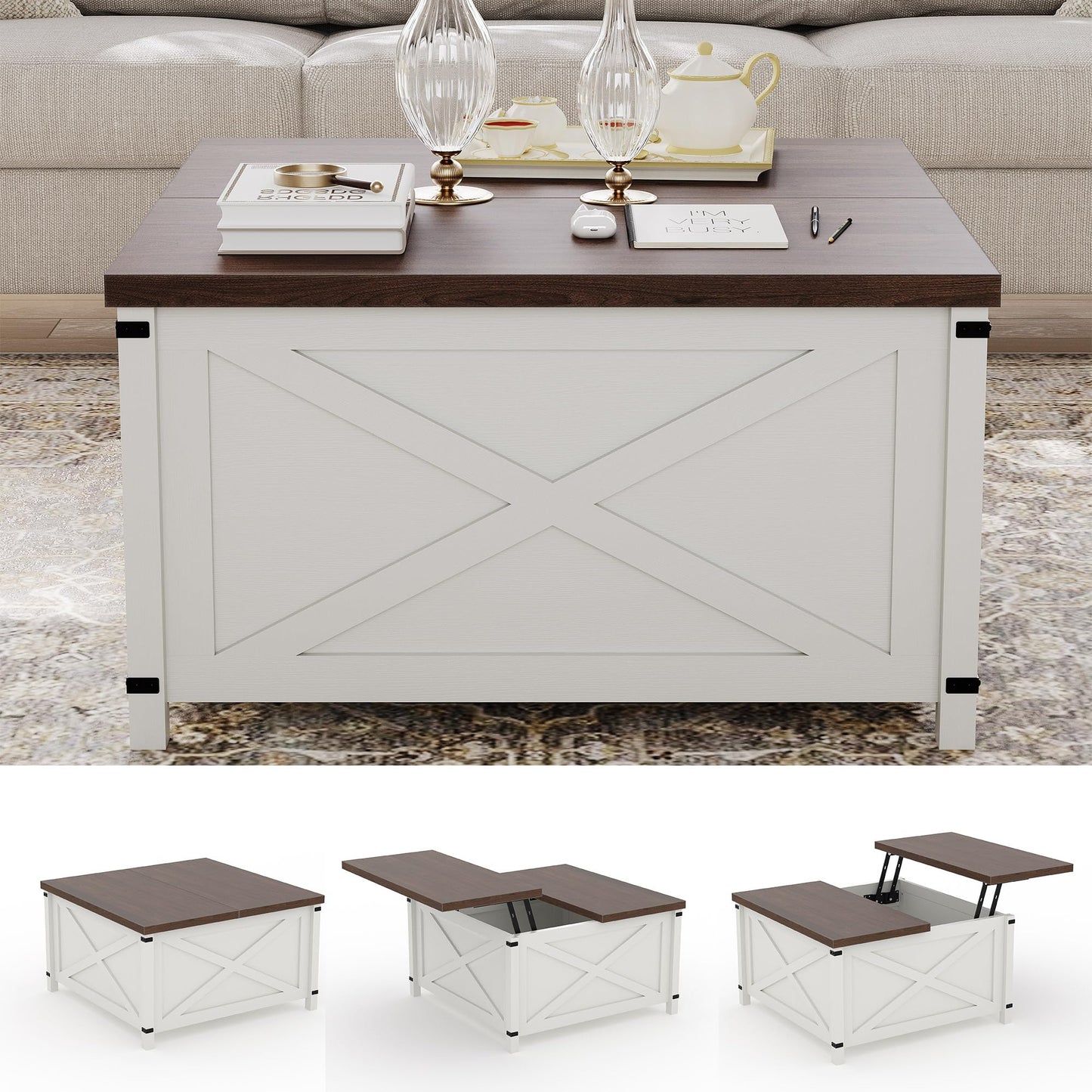 GarveeHome Hydraulic Lift Top Coffee Table with Hidden Storage, Farmhouse Industrial Style Accent Table, Sturdy Wood & Metal Construction, Safe Lift Mechanism, for Living Room Office