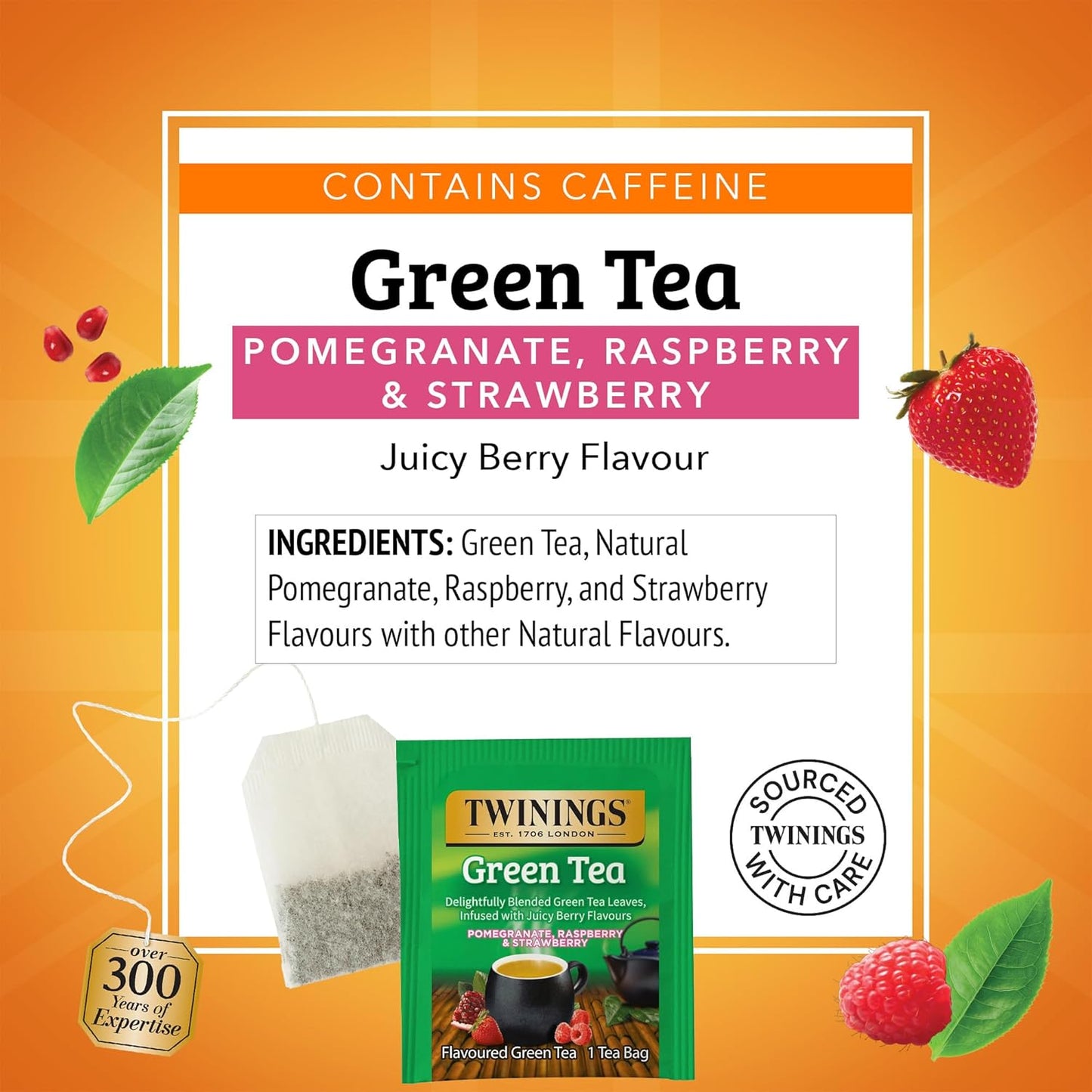 Twinings Green Tea - Pomegranate, Raspberry & Strawberry Flavor - 20 Individually Wrapped Bags