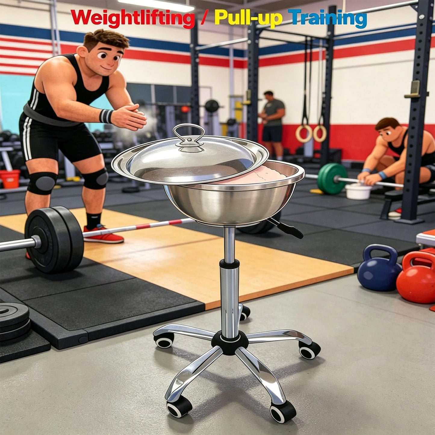 IMOYBBR Gym Chalk Stand Bowl, Adjustable Height Stainless Steel Holder with Lid and Rolling Wheels for Weightlifting Gymnastics Rock Climbing and Training Sessions Use