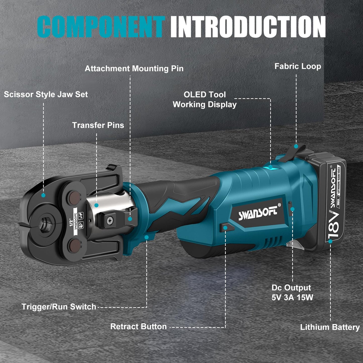 SWANSOFT Pro Press Tool, 18V 4Ah Battery Electric Hydraulic Crimping Tool for Copper Pipes with 3 US Compact VUS 1/2", 3/4'', 1",Jaws Pro Press Copper Plumbing Crimper Tool Kit (SWPR-12522T)