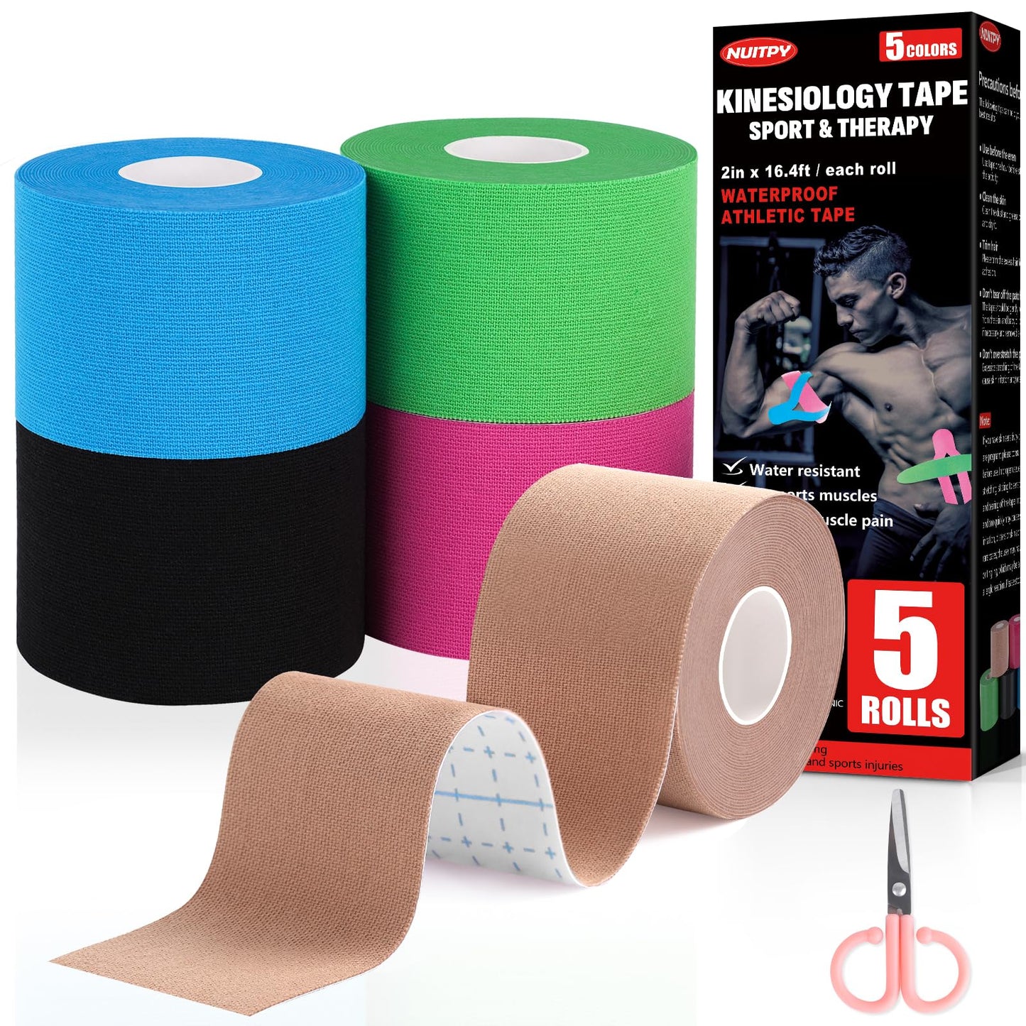 5 Rolls Kinesiology Tape, 5 Colors 2 inch x 16.4 Feet Waterproof Athletic Tape, Uncut Kinetic Tape, Elastic Muscle Tape, Sports Tape, Knee Tape for Exercise and Daily Use