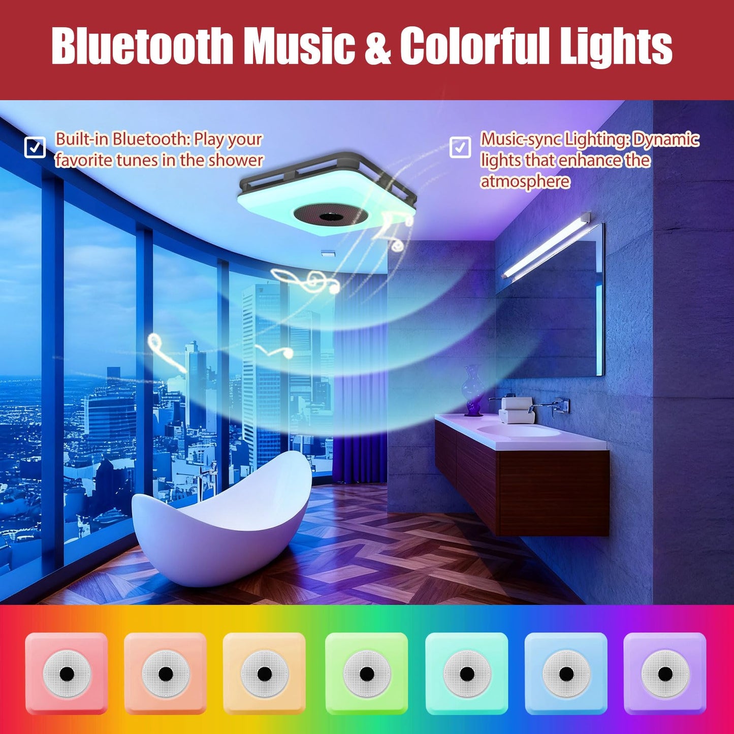 Bathroom Exhaust Fan with Bluetooth Speaker, Bathroom Fan Light, 230 CFM 1.0 Sone, Strong Wind Force & Very Quiet, Noise-cancelling Bluetooth speakers, 7 color dynamic lighting, Play Easy Install