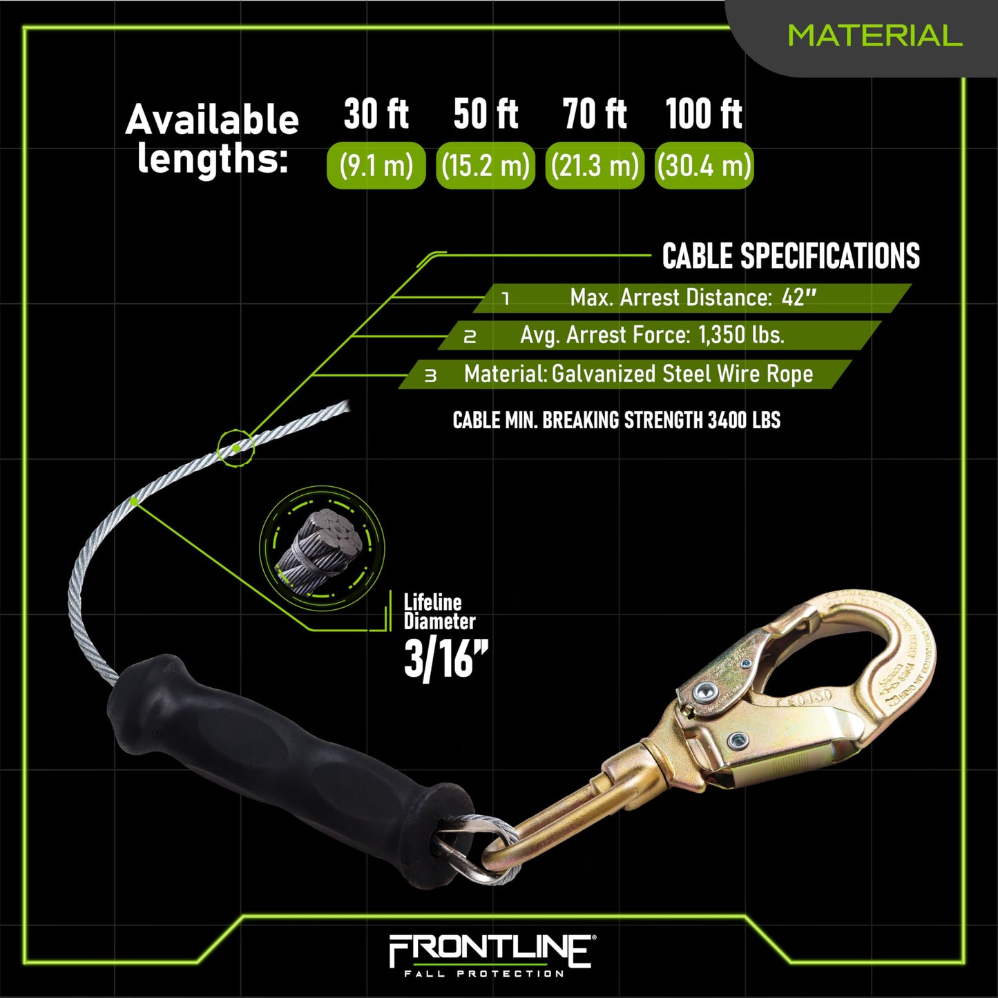 Frontline RPG30' Cable SRL with Steel Snap Hook End | 3/16" Galvanized Steel Cable | Lightweight, Durable | Swivel Anchorage Eye | 310 lbs Capacity | ANSI & OSHA Compliant (1 Pack)