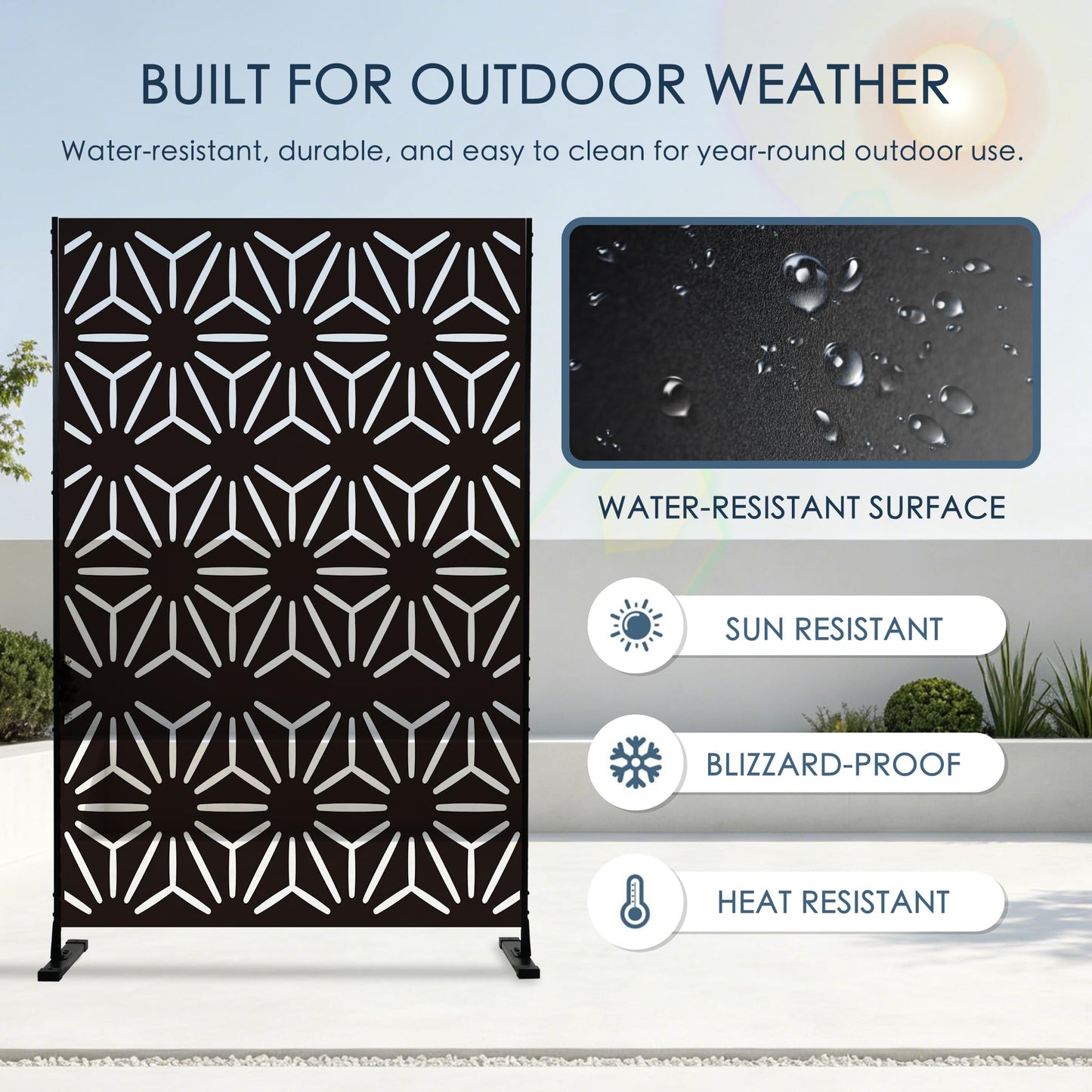 Kozyard Metal Privacy Screen 74" H x 47.2" W Decorative Outdoor Divider with Stand Panels Freestanding Screen Set for Deck Patio Balcony Garden Outdoor&Indoor(Black/Hexagonal Star)