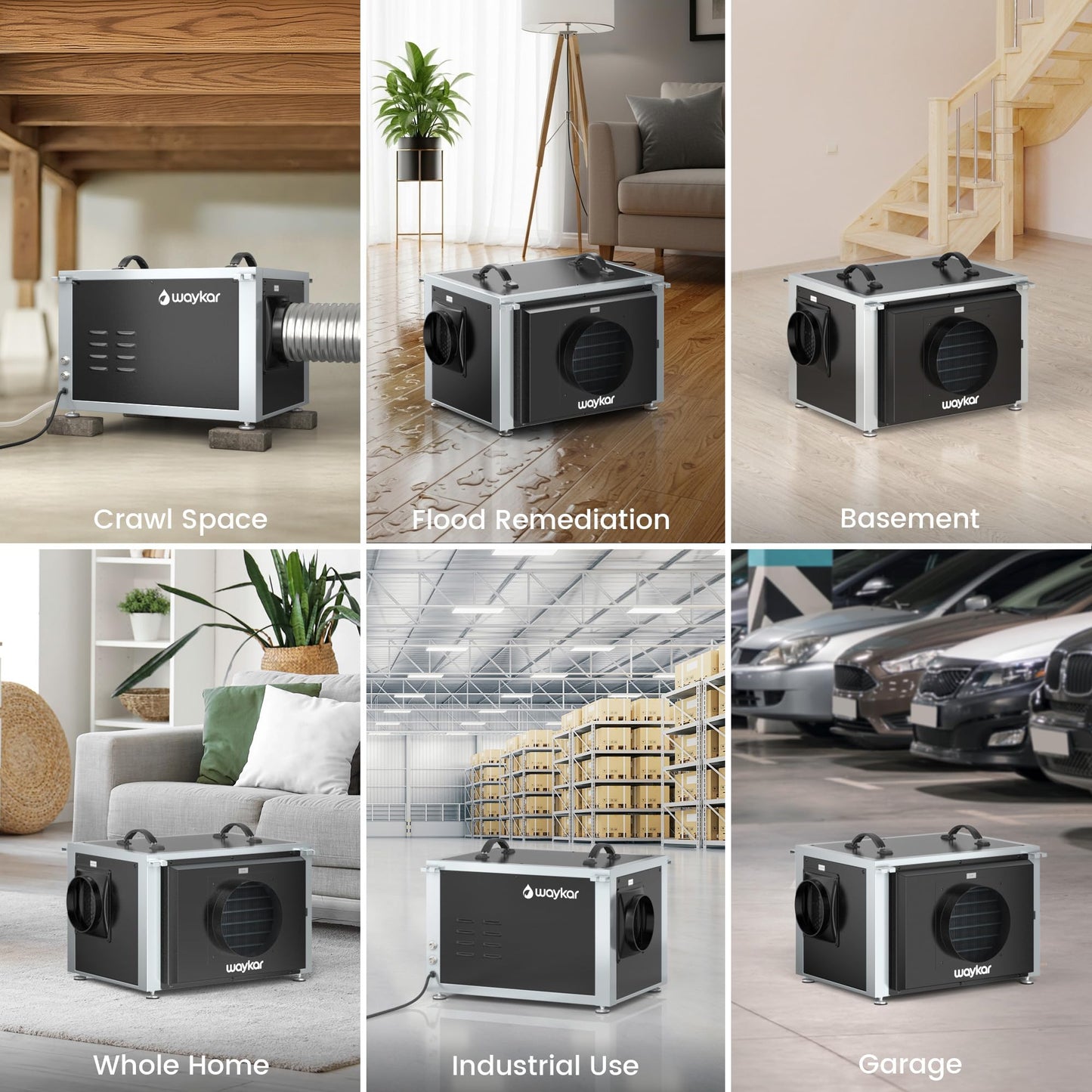 Waykar 125 Pints Crawl Space Dehumidifier with Remote Control and Pump, Dual Duct HVAC Commercial Whole-House Dehumidifier for Basement, Industrial Water Damage Unit - 5-Year Quality Coverage