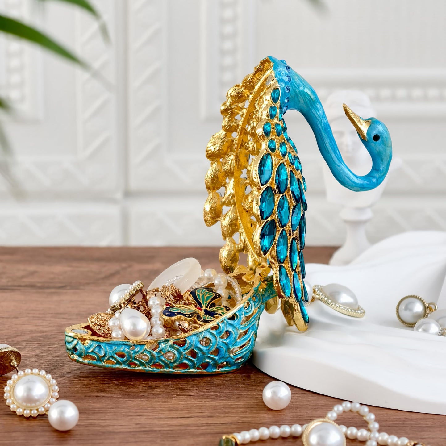 SEVENBEES 3.7-inch Blue Swan Figurine Jewelry Trinket Box, Enamel Hand-painted Swan Box with Gems, Hinged Jewelry Boxes - Ring Holder, Organizer, Home Decor, Wedding Favor Gift