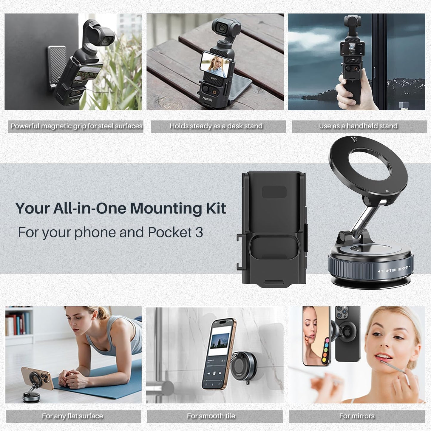 Repmidfer 3, 4 All-in-One Mount Kit for DJI Osmo Pocket Pocket & Phone | Car Windshield Suction & Magnetic Base Combo |
