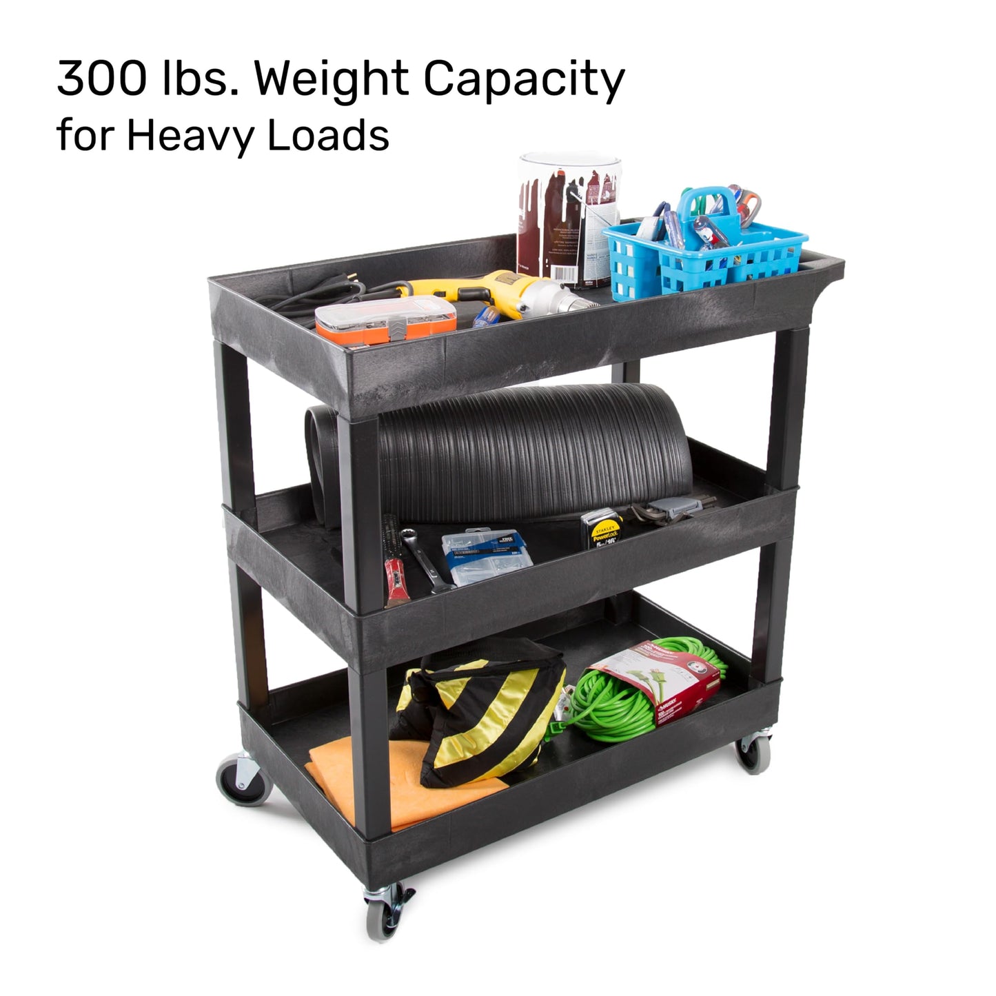 Tubstr 3-Tier Rolling Utility Cart 2-Pack | Each Supports up to 300 lbs. Heavy-Duty Shelf Cart for Garage Storage, Office Spaces, & Kitchen Use | Durable Tool Cart with Locking Wheels (Black, 32 x 18)