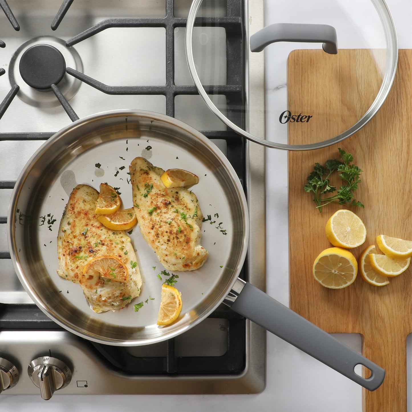 Oster Beauford 9-Piece Stainless Steel 5-Ply Encapsulated Base Cookware Set – Non-Toxic, Induction Compatible Pots and Pans with Stay-Cool Handles – Dishwasher Safe
