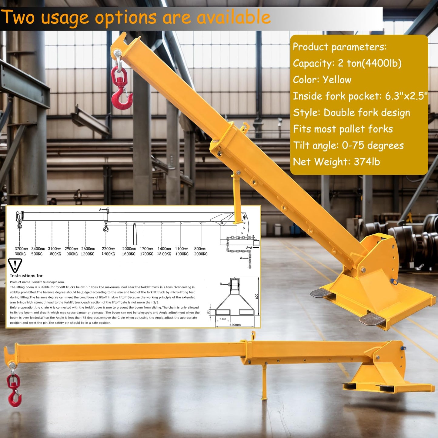 TECHTONGDA 2T/4400LB Forklift Jib Boom Crane Attachment with 0-75 Adjustable Tilt Angle, Two Swivel Hooks, Forklift Mobile Crane, Manual Telescoping Boom 7-12ft for Warehouse & Factories