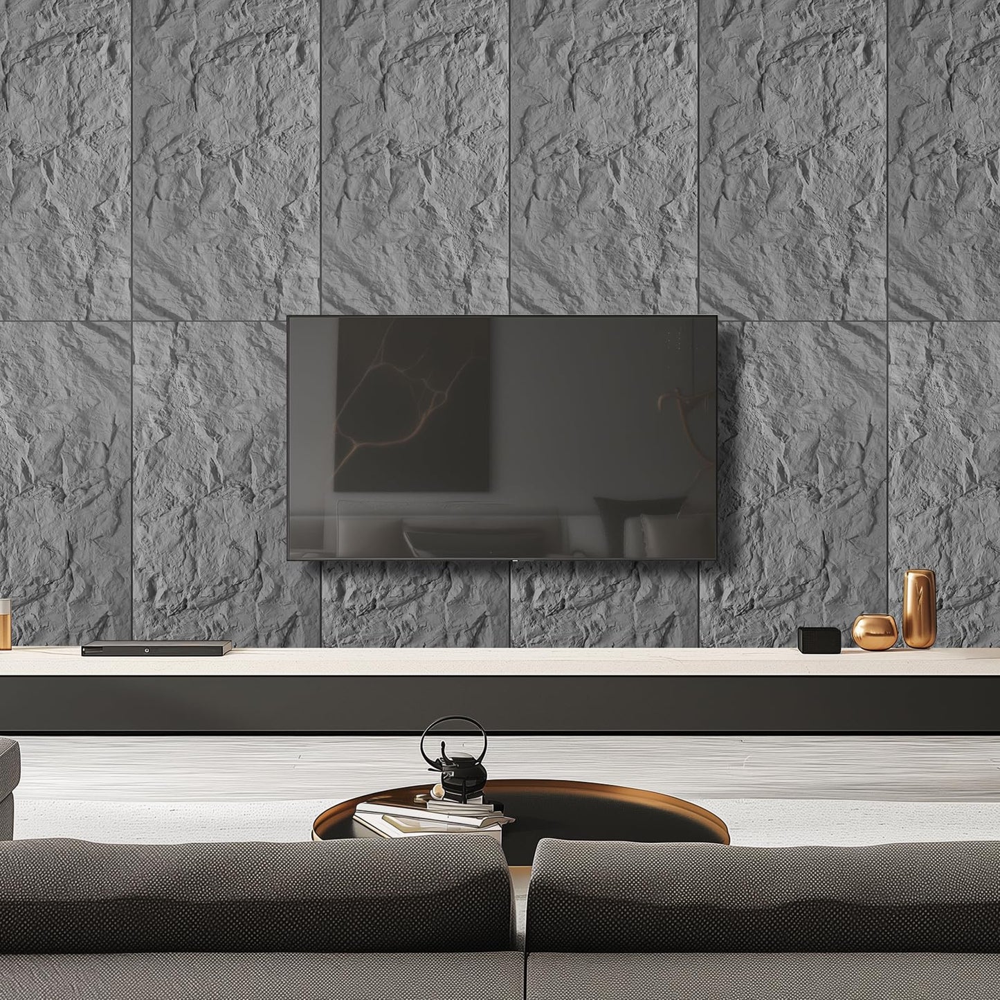 VESLARA 4 PCS Faux Stone Wall Panel 43.3’’ x 23.6’’ PU Wainscoting Panel with Mountain Rock Design 3D Wall Panel for Interior Wall Decor Bedroom Living Room Office Cement