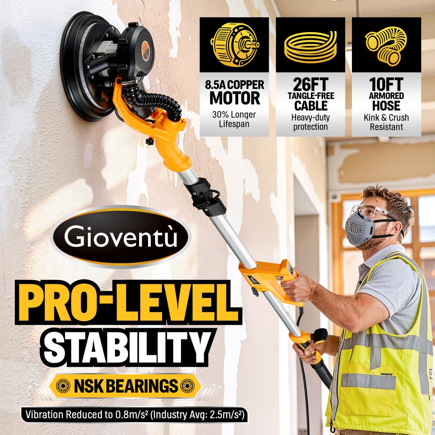 Electric Drywall Sander, 950W Drywall Power Sander with Vacuum Dust Collector, 9 Variable Speed 800-2100RPM, LED Light, Dustless Wall Sander for Drywall, Popcorn Ceiling, Corner etc