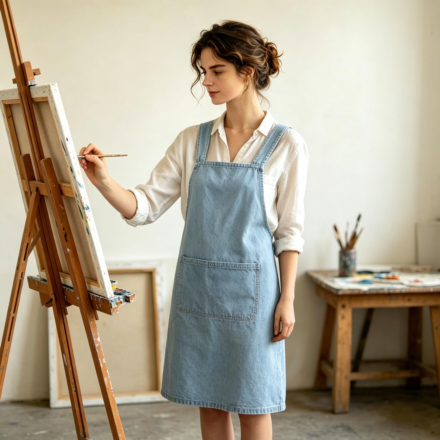 HIPINGSTORE Adult Jour Denim Apron with Front Pockets, Cross Back Aprons Lightweight, Durable & Stain-Resistant for Kitchen Cooking, Gardening, Gift for Women