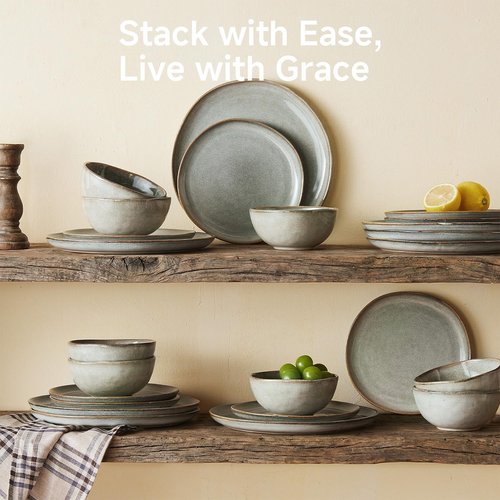 KINGSTONE 24-Piece Stoneware Dinnerware Set - Handcrafted Reactive Glaze Plates & Bowls for 8 | Scratch Resistant, Dishwasher & Microwave Safe, Grey