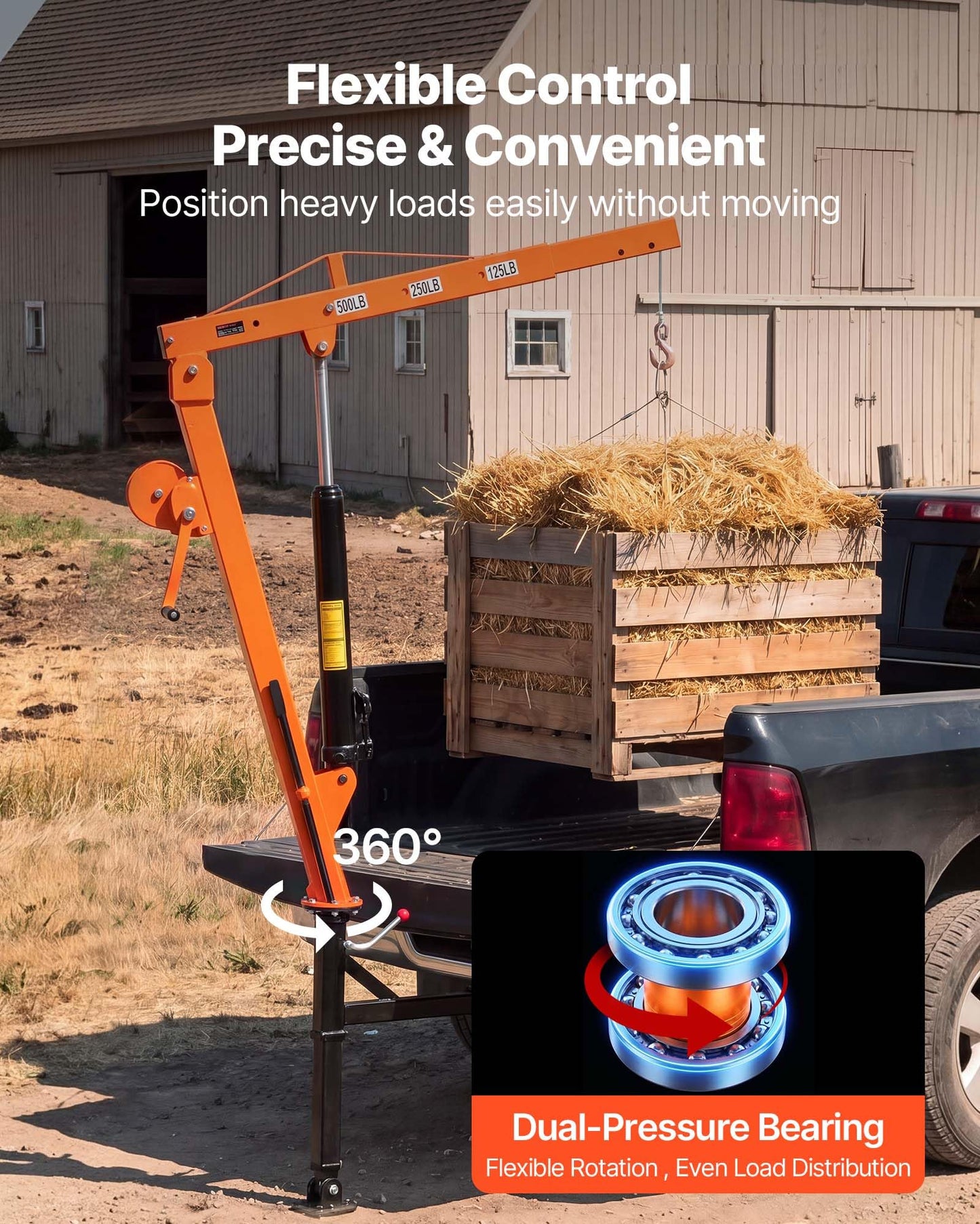 VEVOR Truck Crane, 500 lbs Pickup Hitch Crane Trailer Hitch Mounted with Manual Winch & Hydraulic Jack, 360° Rotating Telescopic Boom, Foldable Truck Bed Jib Hoist for Machine Lumber Equipment Lifting