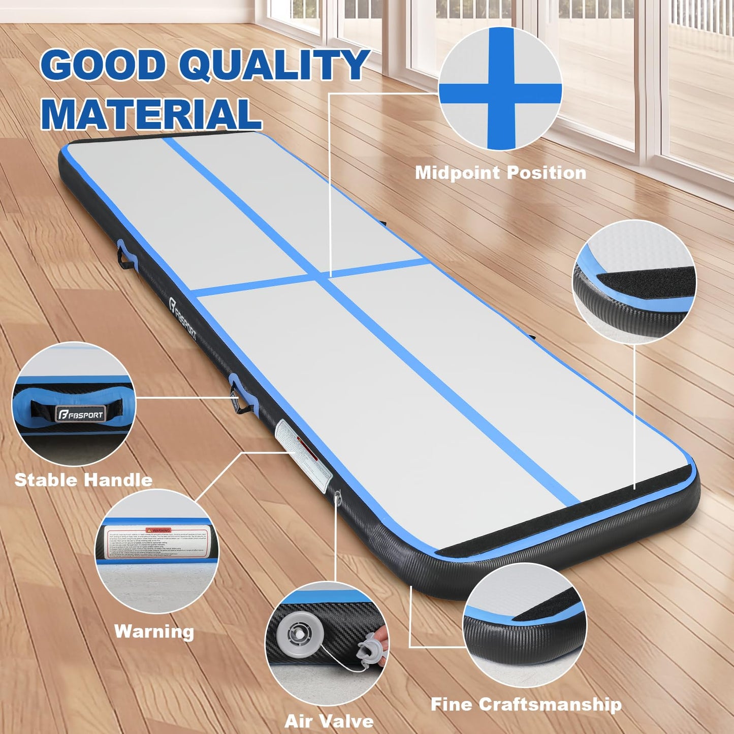 FBSPORT 16ft Inflatable Air Gymnastics Mat Training Mats 4 inches Thickness Gymnastics Tracks for Home Use/Training/Cheerleading/Yoga/Water with Pump