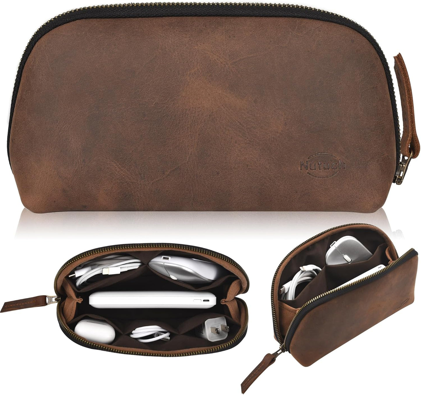 Leather Tech Pouch for Cables Chargers Phone | Tech Bag | Zipper Travel Accessory Pouch | Electronic Organizer Case