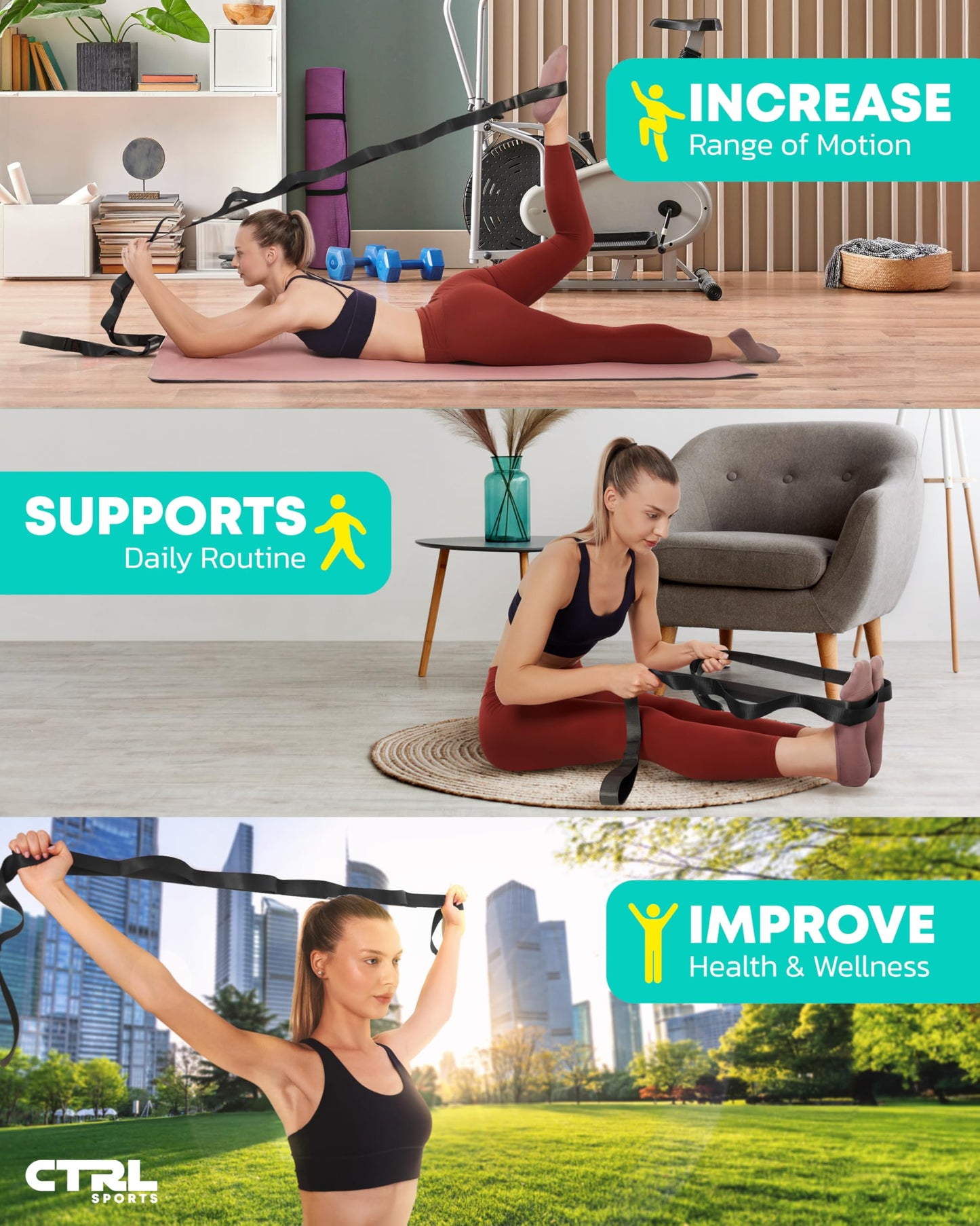 Ctrl Sports Stretching Strap Non Elastic Yoga Strap with Loops - Stretching Band for Physical Therapy, Stretch Bands for Exercise and Flexibility - Stretch Strap with 10 Loops, Hamstring & Leg Stretcher Strap