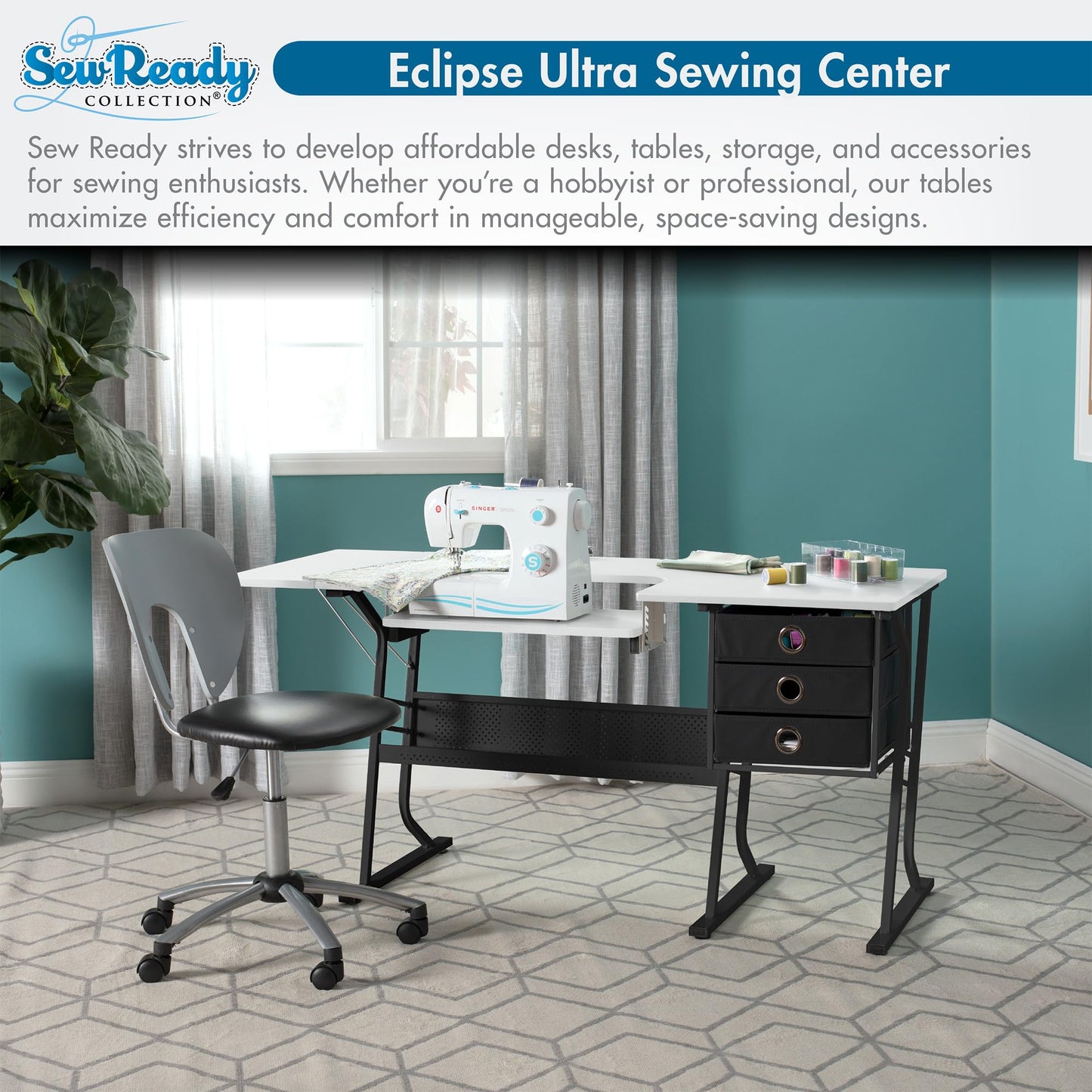 Sew Ready Eclipse Hobby Sewing Table, 60.25 x 23.75" Overall Platform Size with Large Lower Storage Drawer, 2 Side Shelves & Cloth Drawer, Black/White