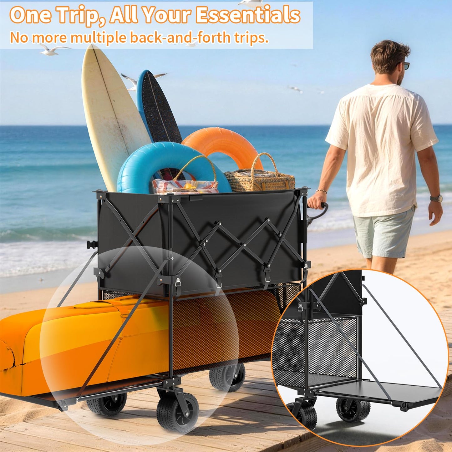 Holacamking 480L Double Decker Wagon, 58" L Extended Foldable Utility Cart with Tailgate, Big All-Terrain Wheels with Brakes, 520lbs Heavy Duty Collapsible Wagon for Camping Beach Sports Grocery Pets