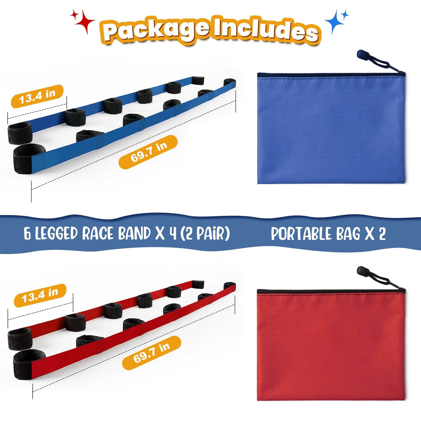 InstaBottle 3 Legged Race Bands, Field Day Games for Adults, Outdoor Games for Carnival, Family Reunion & Backyard Party,Team Building Relay Race for 6 Players (2pk, Blue & Red)