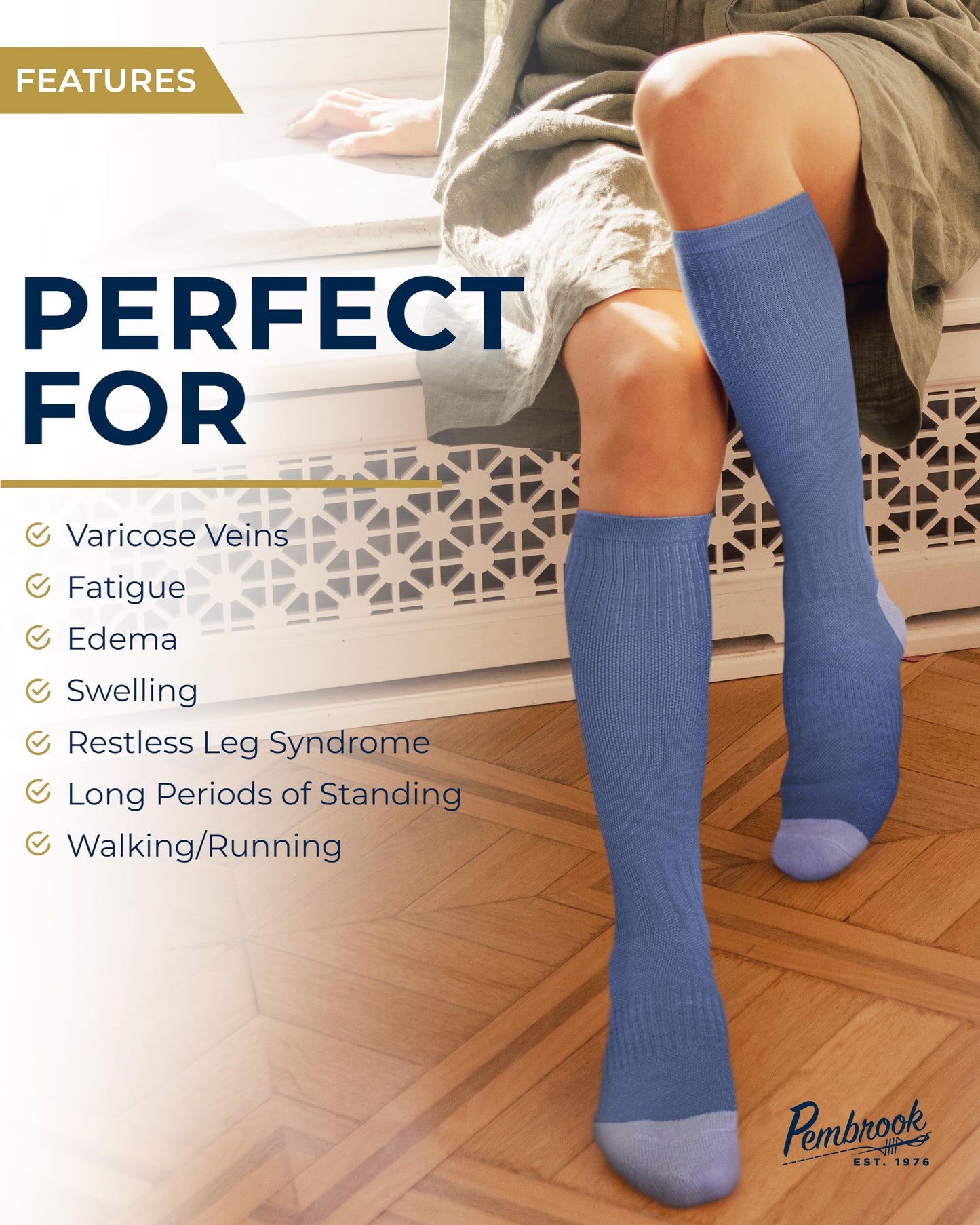 Pembrook Light Compression Socks - 3 Pairs | 8-15 mmHg Light Compression Socks for Women and Men | Light Green, Light Blue, Rose | Mens and Womens Compression Socks