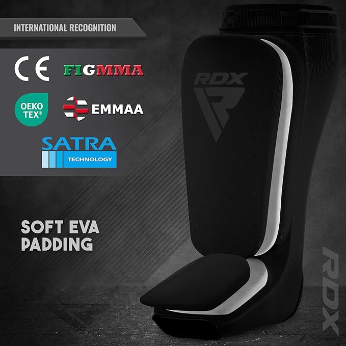 RDX Shin Guards Kickboxing Muay Thai, SATRA Approved, MMA Leg Instep Protection Pads, Sparring Training Martial Arts Boxing, Elasticated Padded Protector, Karate BJJ Taekwondo Gear, Men Women