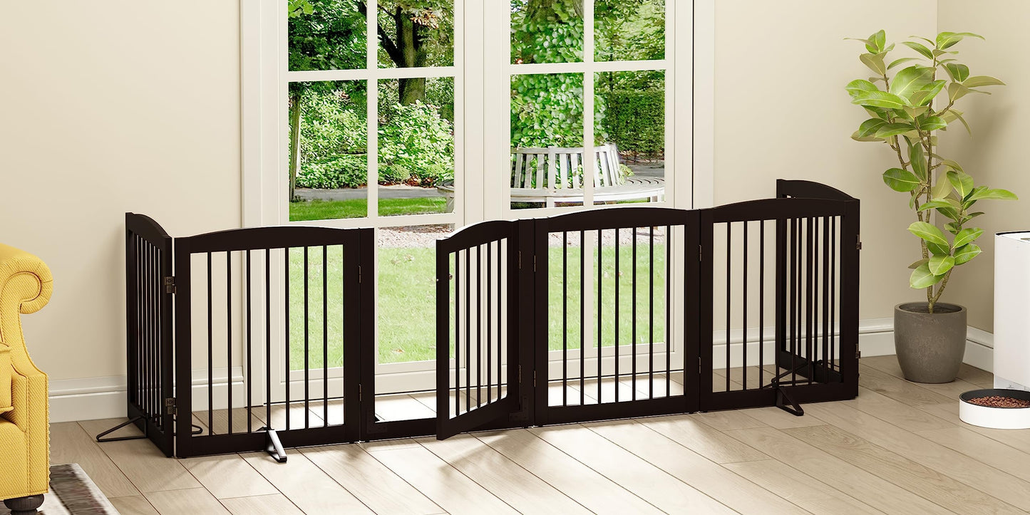 PUPETPO Freestanding Pet Gates with Walk Through Door, Dog Indoor Fence, Dog Gate for The House, Doorway, Stairs, Extra Wide Pet Gate, Support Feet Included, 120 Inch Wide, 6 Panels 24" Tall, Brown