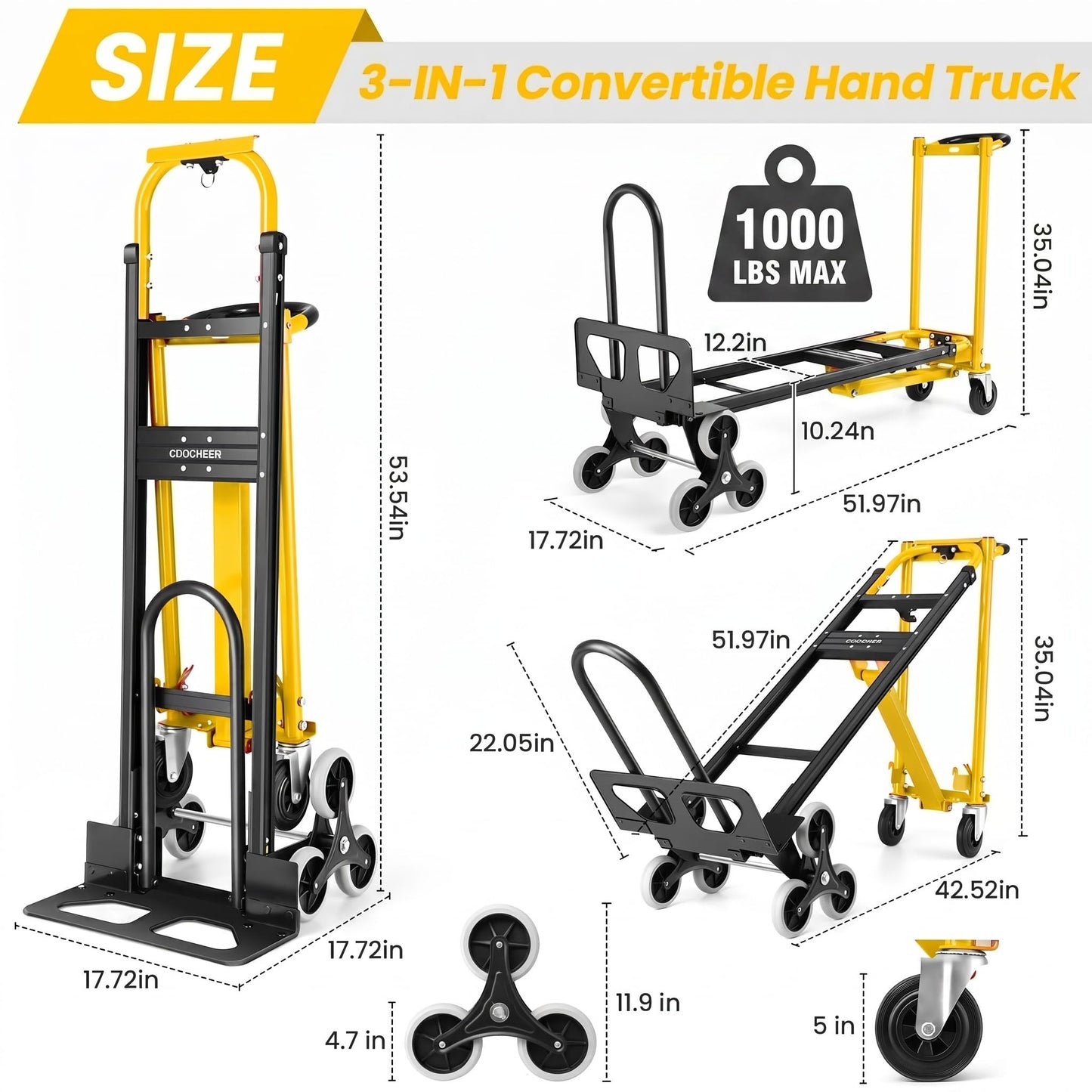 1000LBS Stair Climbing Hand Truck, 3-in-1 Folding Aluminum Dolly, Heavy Duty Convertible Cart for Warehouse, Home, Office & Transport Moving(Yellow)