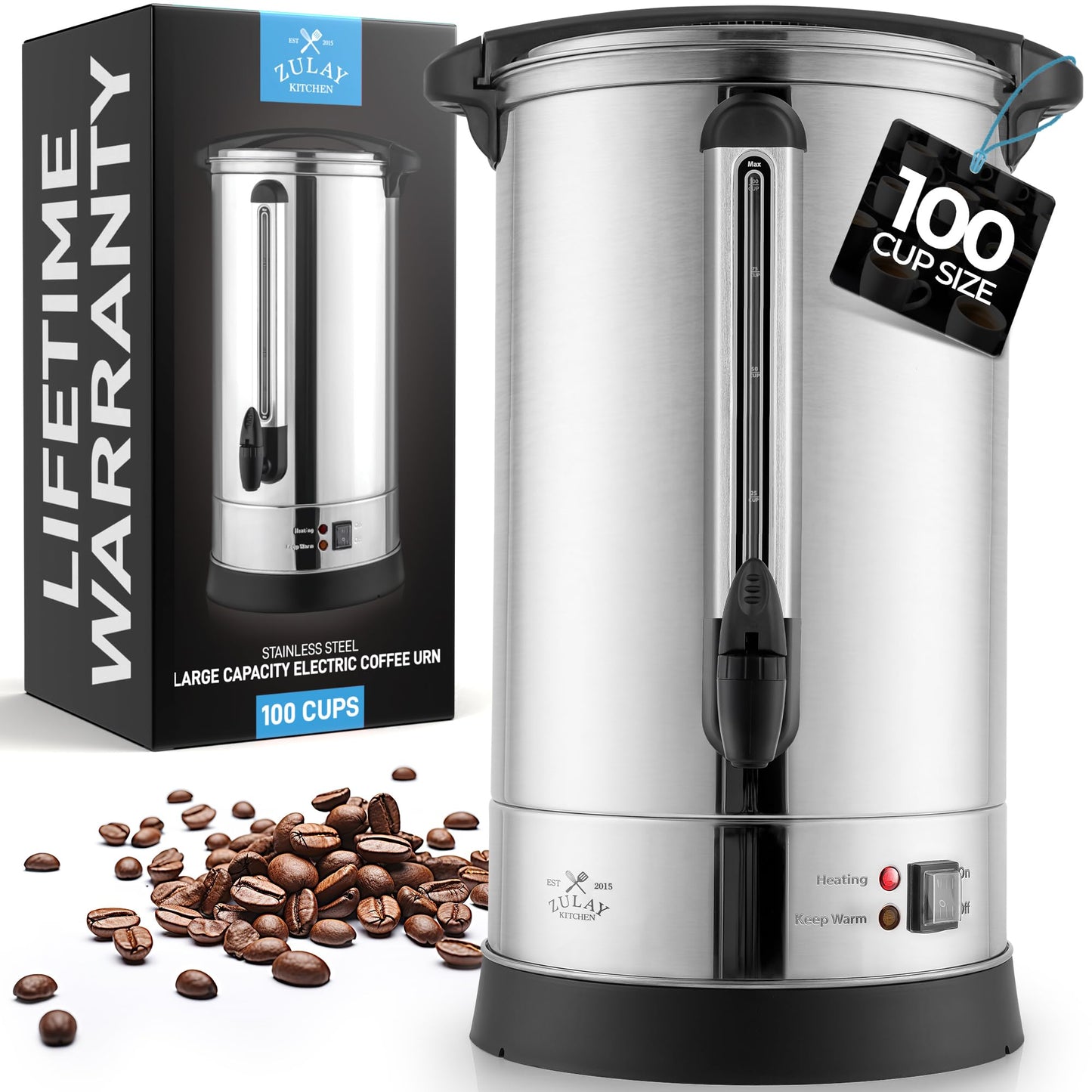 Zulay Commercial Grade 100 Cup Coffee Maker Hot Water Urn - Large Percolator Pot Dispenser With Double-Wall Stainless Steel, Quick Brew, Stays Hot for Tea & Beverage at Events & Catering - Silver
