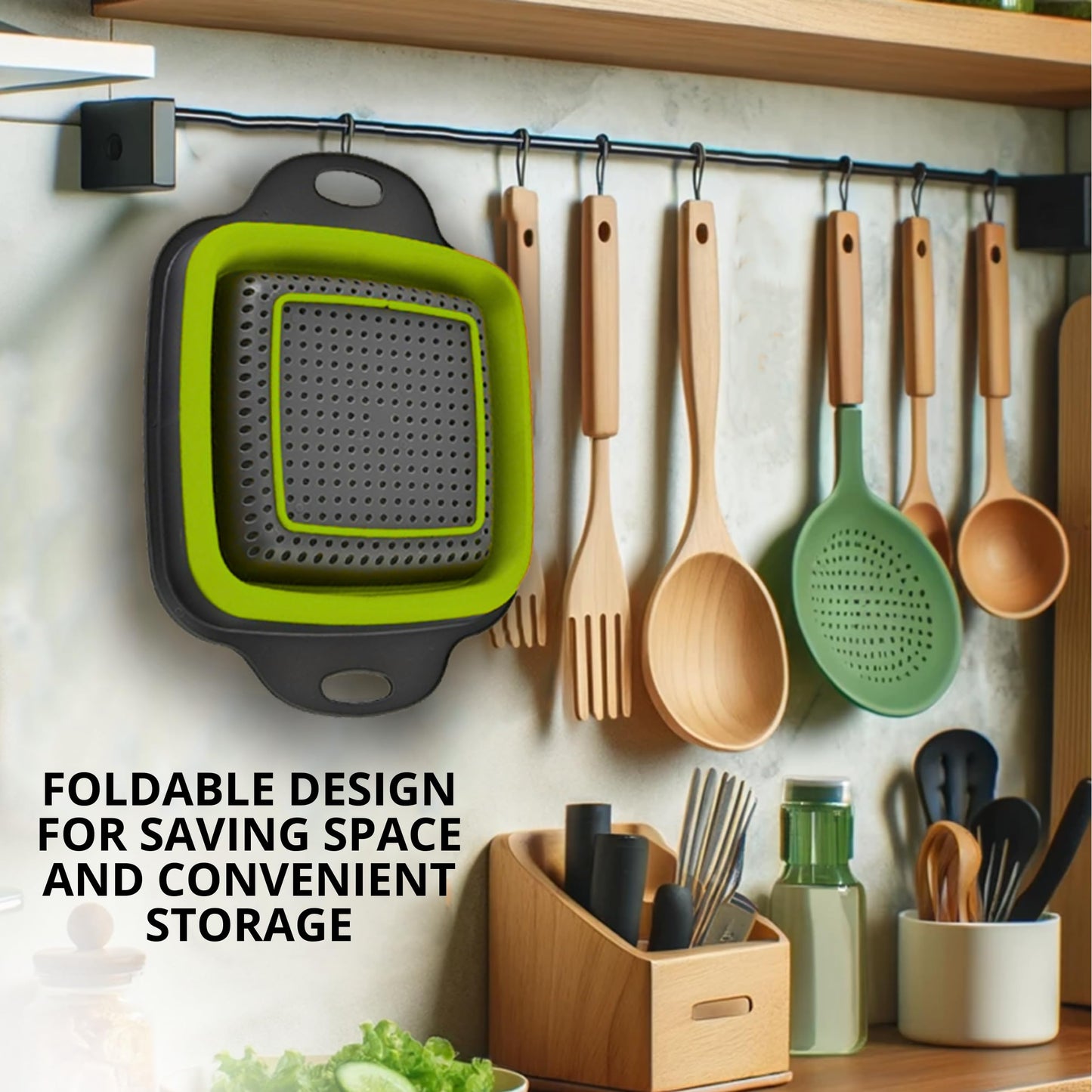 Square Collapsible Colander with Handles – Green Square Silicone Kitchen Strainers with Plastic Handles Foldable Kitchen Strainer Perfect for Draining Pasta Vegetable and Fruit Green