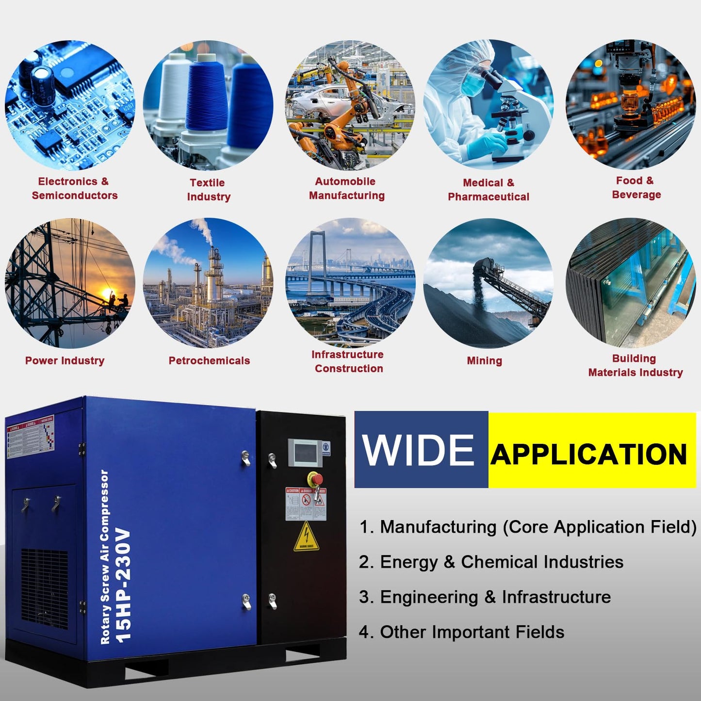 15HP Rotary Screw Air Compressor, 56 CFM, 125PSI, 230V 3PHASE 60HZ, Fixed Speed Compressor, Industrial-Grade, Heavy Duty Air Compressed System