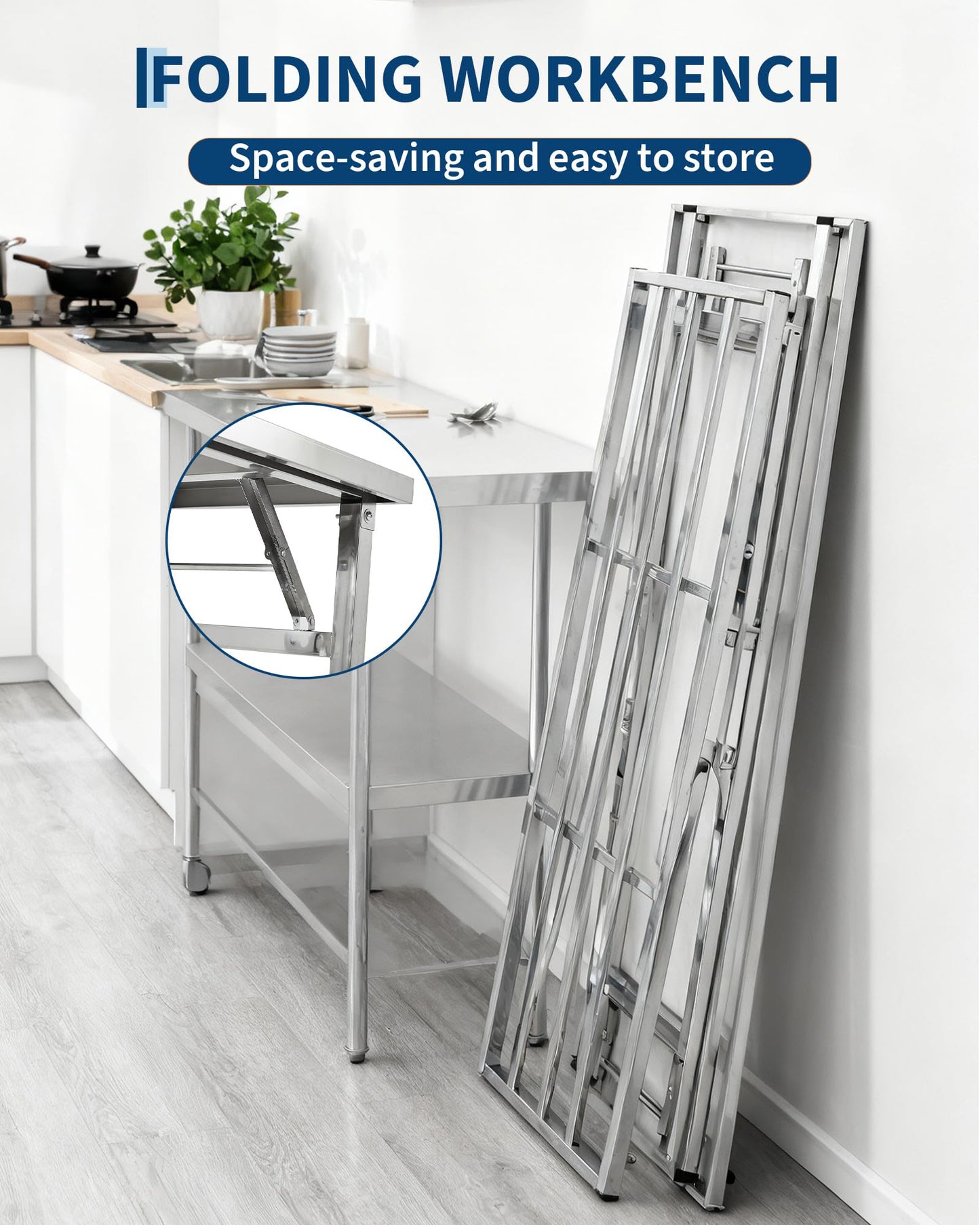 Commercial Stainless Steel Folding Table with Undershelf，48 x 30 Inch Heavy-Duty Kitchen Island Worktable Workstation for Food Prep, Restaurant, Catering & Home Use | Portable Work Table for Kitchen,