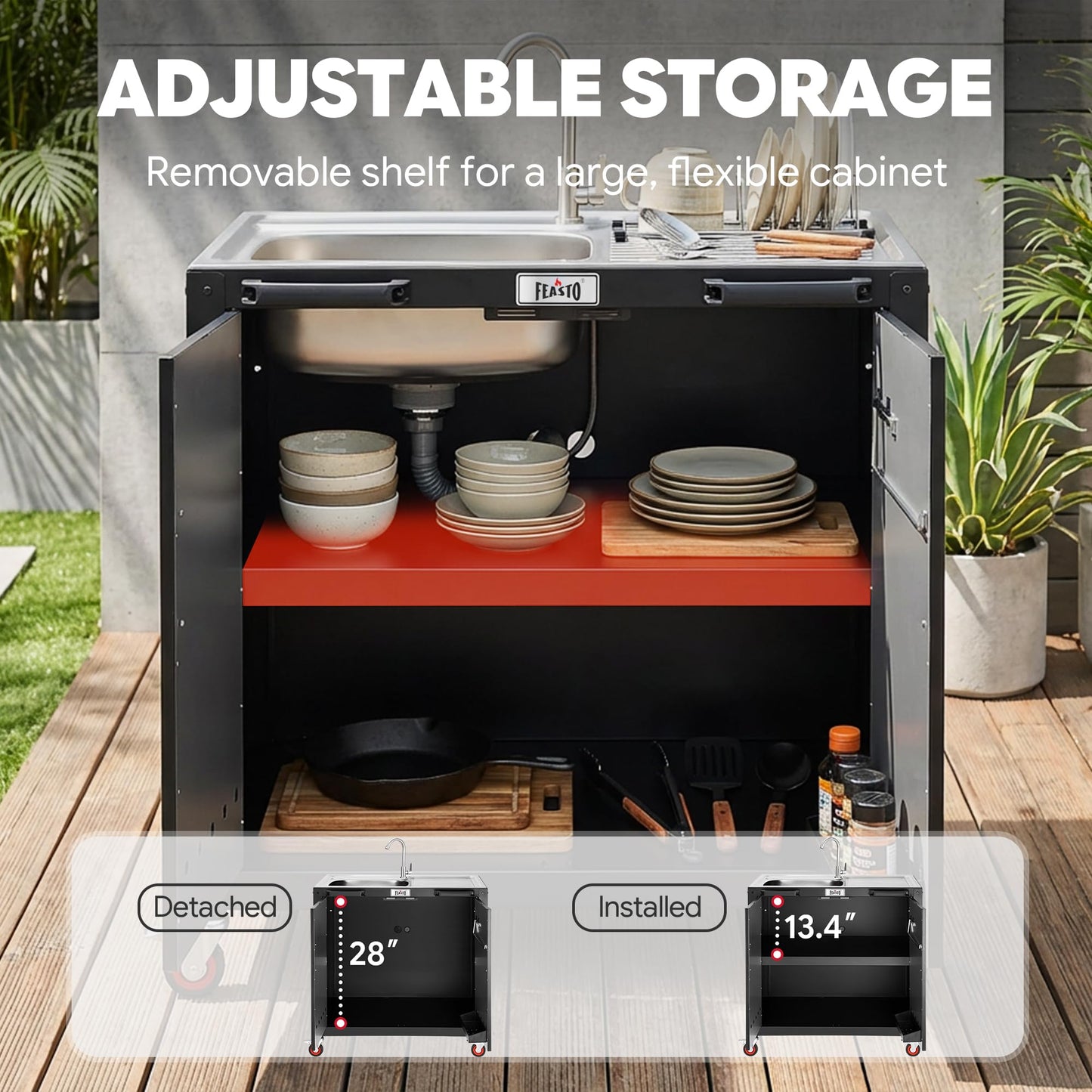 Feasto Outdoor Kitchen Island with Stainless Steel Sink and Storage Cabinet, 35-Inch BBQ Prep Station with Faucet & Lockable Wheels for Patio, Backyard, and Outdoor Cooking, Black & Silver