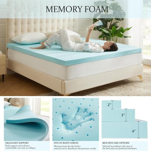 Eiayeebil Memory Foam Mattress Topper - 3 Inch Gel-Infused Ventilated Full Size in Soft Blue