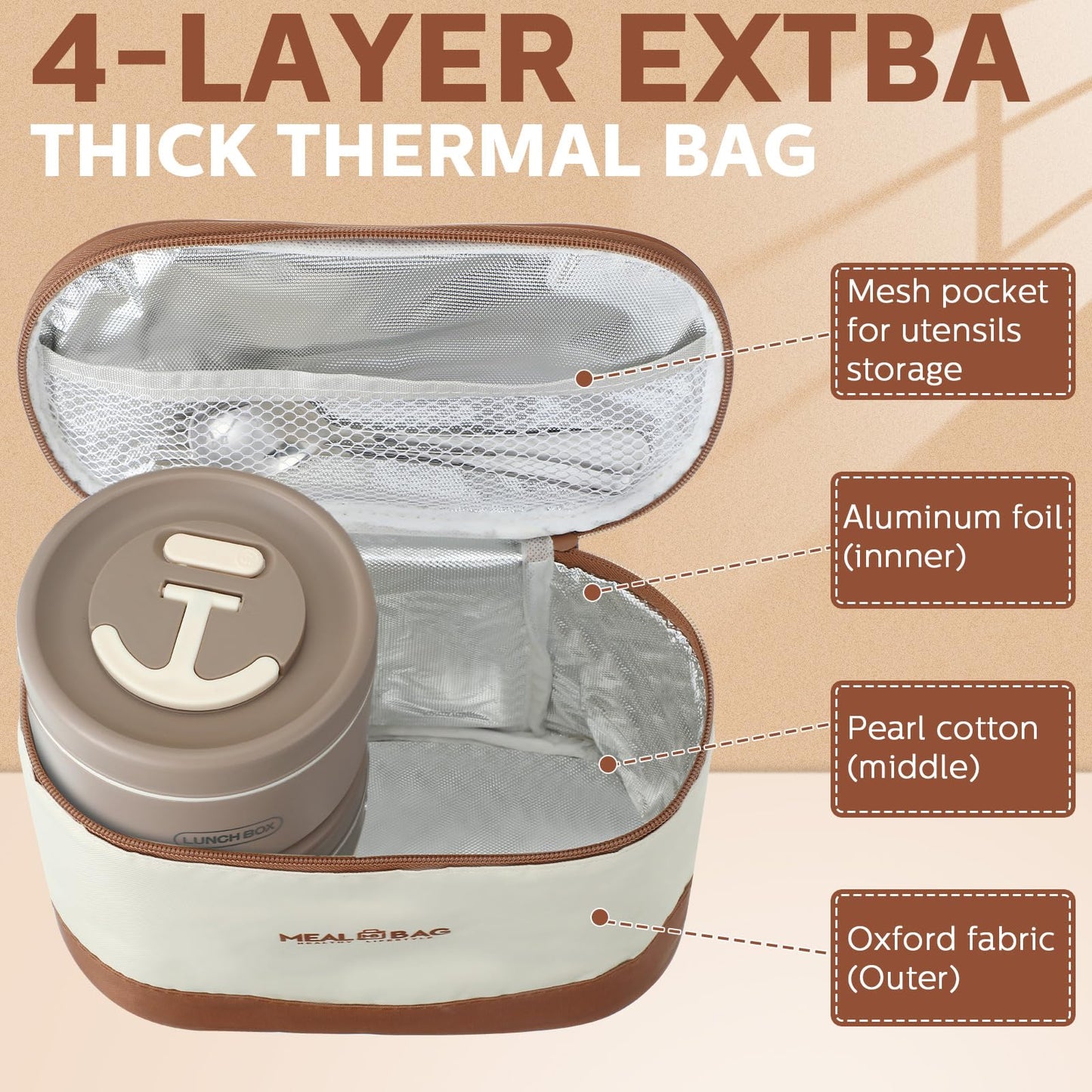 Dandat 4 Pcs Insulated Bento Box Portable Stainless Steel Food Container Round Stackable Leakproof Thermal Food Container for Adult Men Women with Insulated Bag, 74 oz(Khaki)