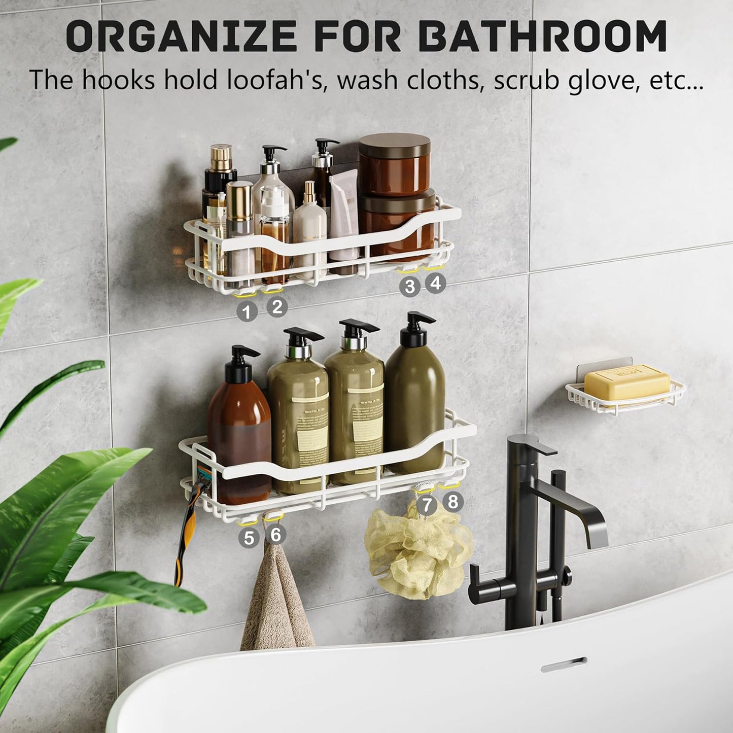 OMAIRA Shower Caddy - 3-Pack Adhesive Rustproof Organizer with Soap Holder for Smooth Walls | White (X-Large)