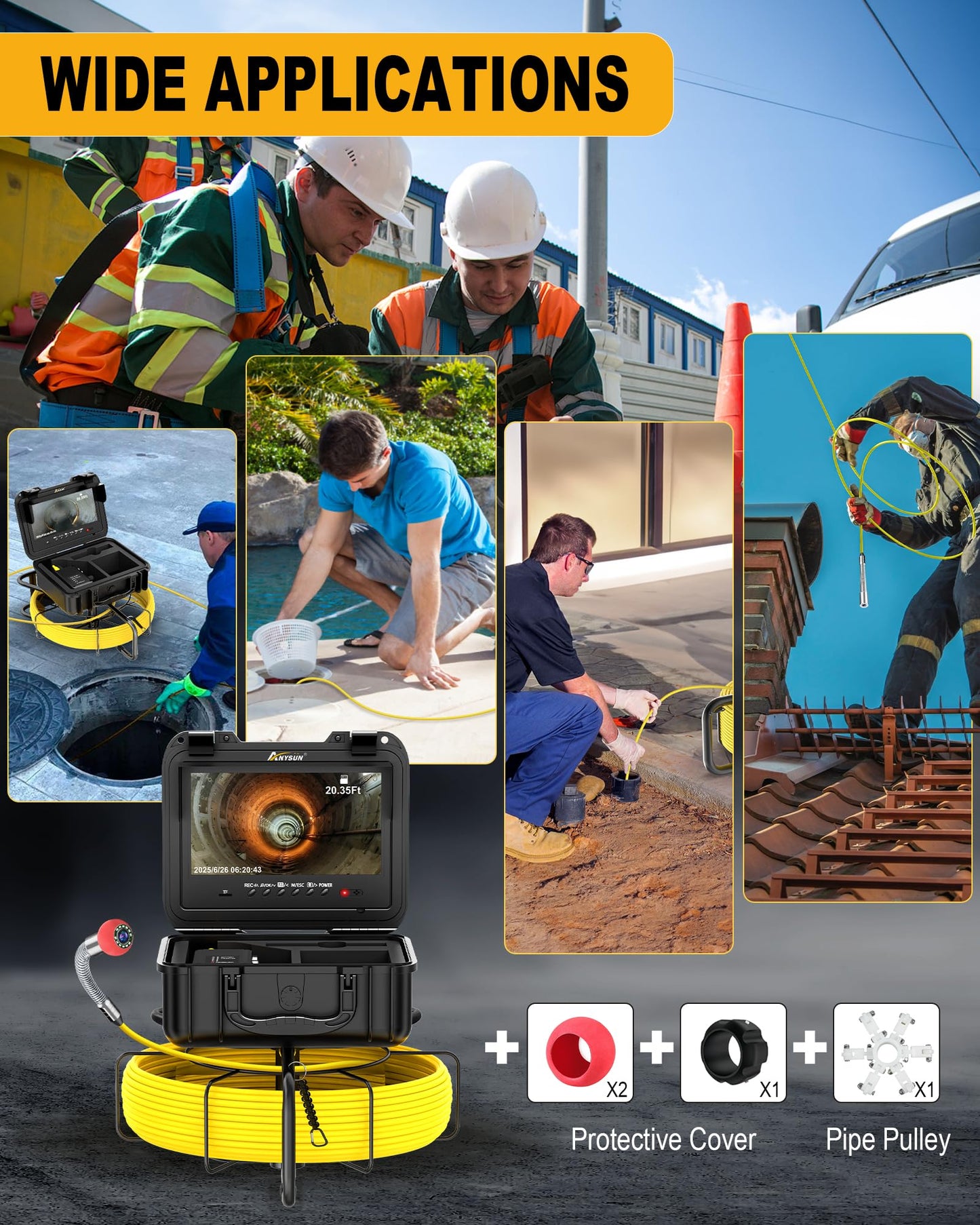 Anysun Sewer Camera with Locator, Self Leveling, Distance Counter, 7MM Thicker Cable, 165Ft/50M Pipe Inspection Cameras with 9'' 1080P Monitor, Video Drain Camera IP68 Industrial Borescope Snake, 32GB
