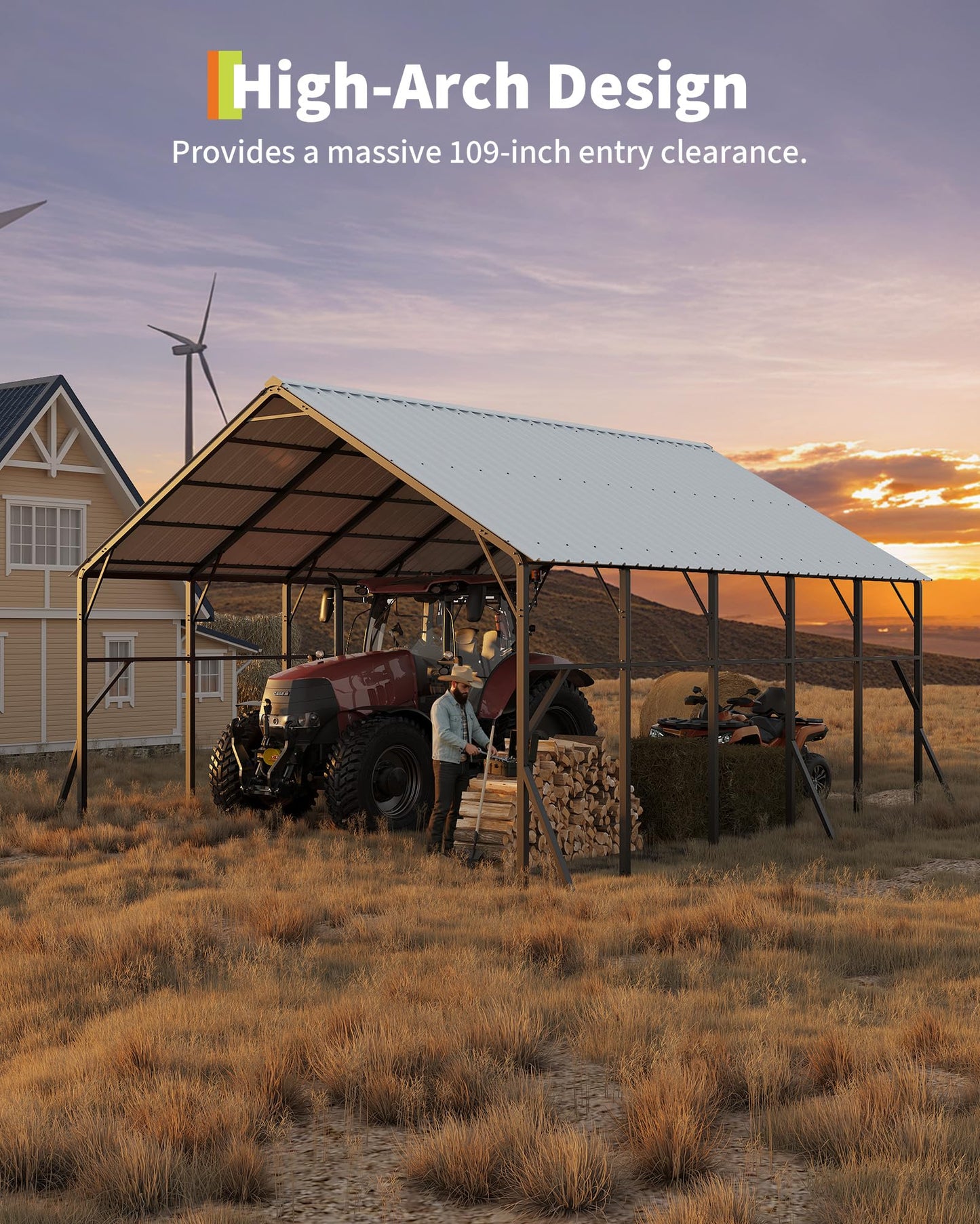 GarveeLife 20x25 ft Vertical Roof Metal Car Port, with 120° Steep-Pitch Roof for Snow Shedding, 173" High-Clearance RV & Tractor Shelter, Heavy-Duty 2 Cars Car Port with Reinforced Frame
