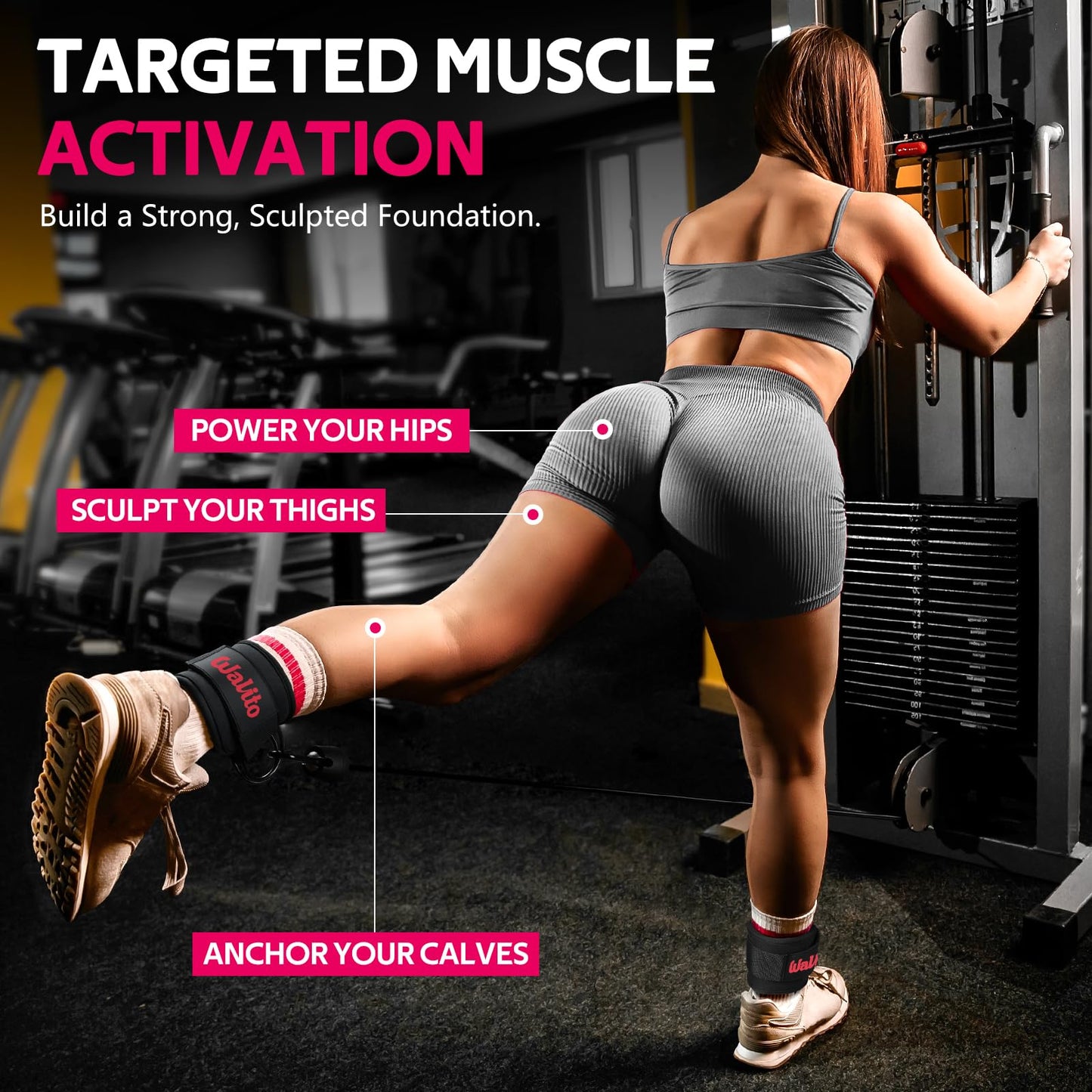 WALITO Ankle Straps for Cable Machines Women - Glute Ankle Cuff Kickback Strap, Gym Cable Machine Accessories for Glute Leg Extensions, Hip Abductors & Lower Body Exercises Equipment