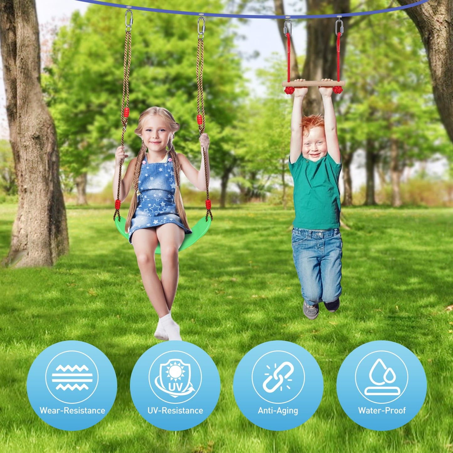 Ninja Warrior Obstacle Course for Kids, 65 FT Durable Slackline with 13 Obstacles-Swings, Monkey Bars, Arm Trainers and More, Weatherproof Outdoor Obstacle Course for Backyard, Gym, Field，3+ Years Old